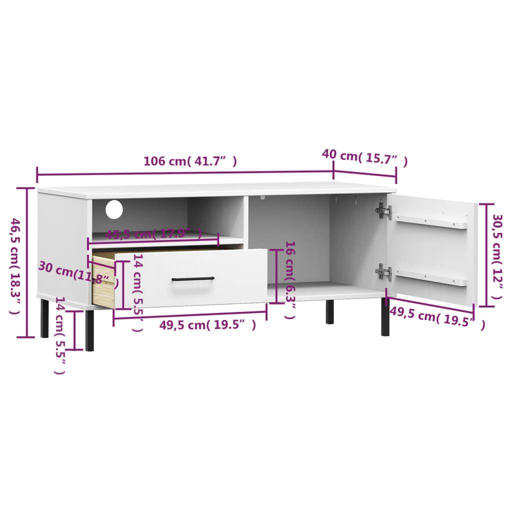 furnicato OSLO mit Weiß Kiefer TV-Schrank Metallbeinen Massivholz