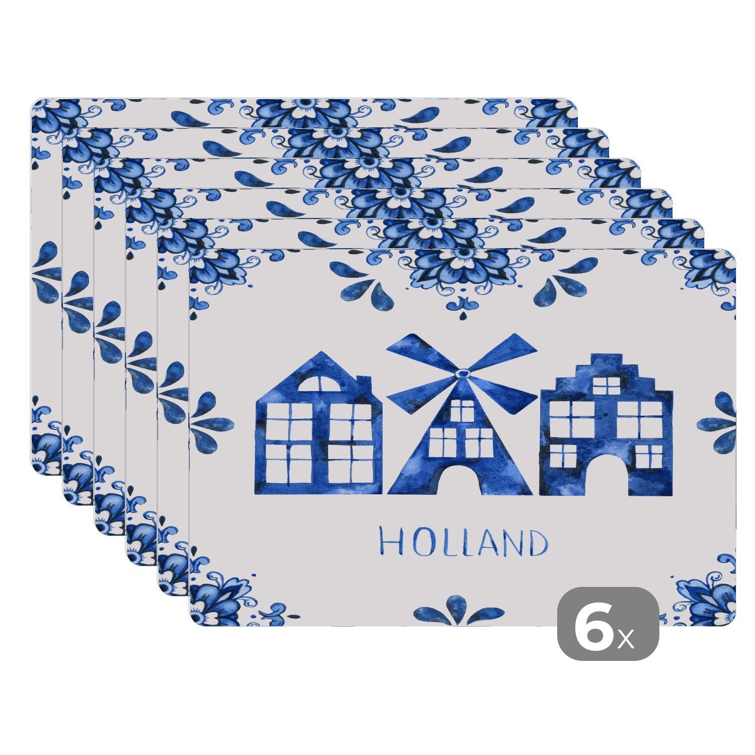 Platzset, Delfter Blau Platzmatte, - Platzset, - Schmutzabweisend MuchoWow, Windmühle Tischmatten, Platzdecken, (6-St), Haus
