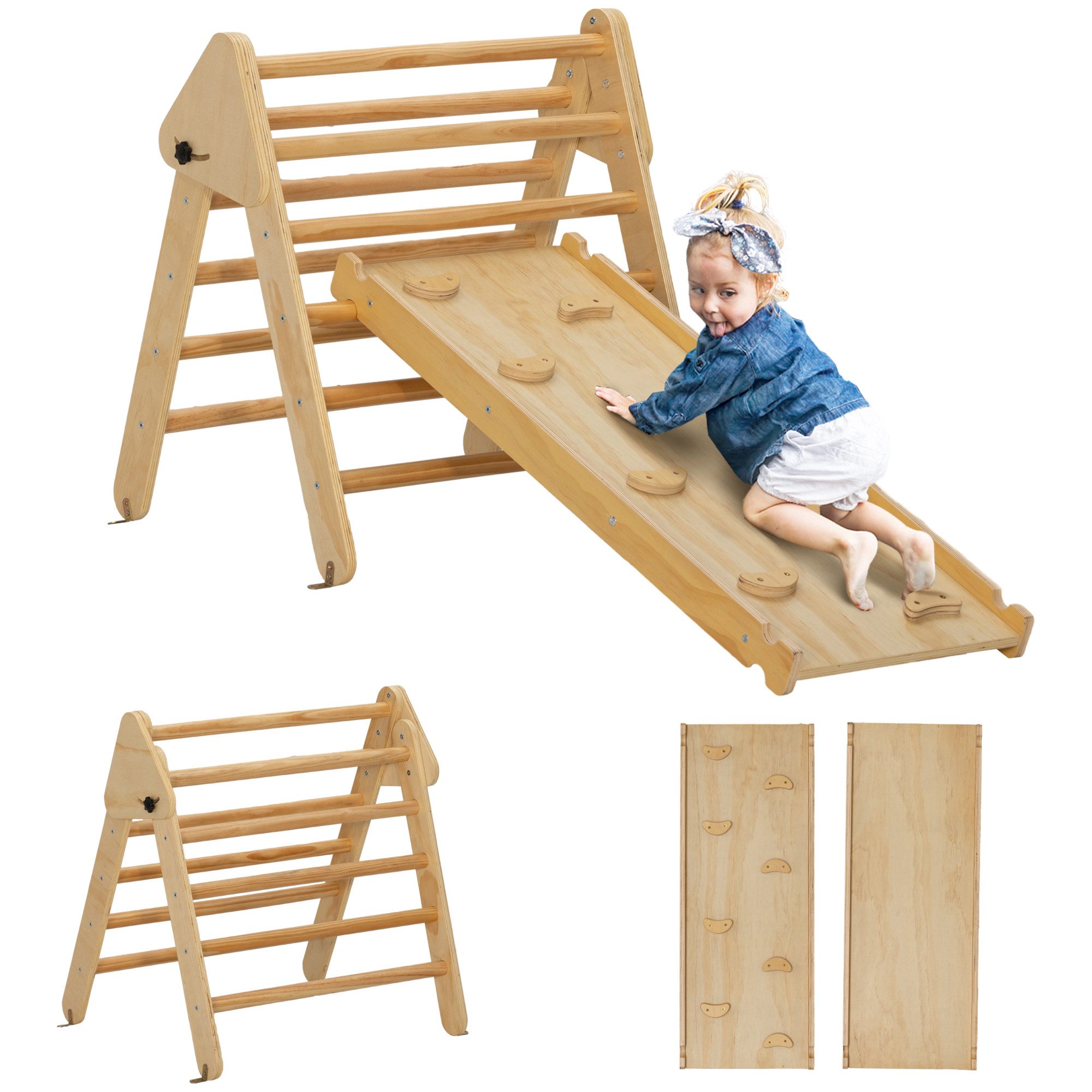 AIYAPLAY Klettergerüst 2 in 1 Set mit Rutsche, aus Holz, (Kletterspielzeug, 2-St., Kletterdreieck zum Rutschen und Klettern), für Kinder 1,5-4 Jahre, Indoor, Naturholz