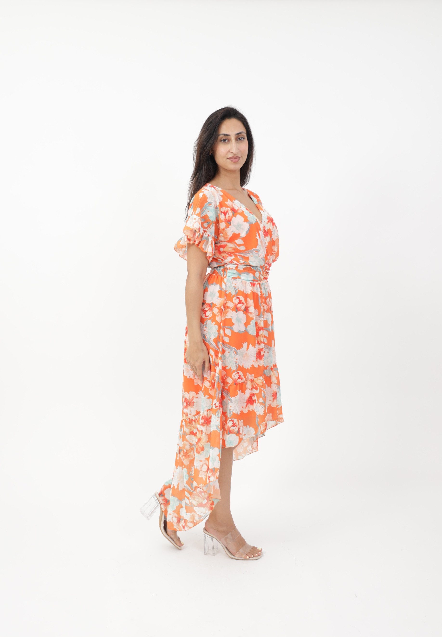 Elara Sommerkleid Damen Vokuhila Kleid – Chiffon Sommerkleid mit Floral Blumenmuster mit Muster