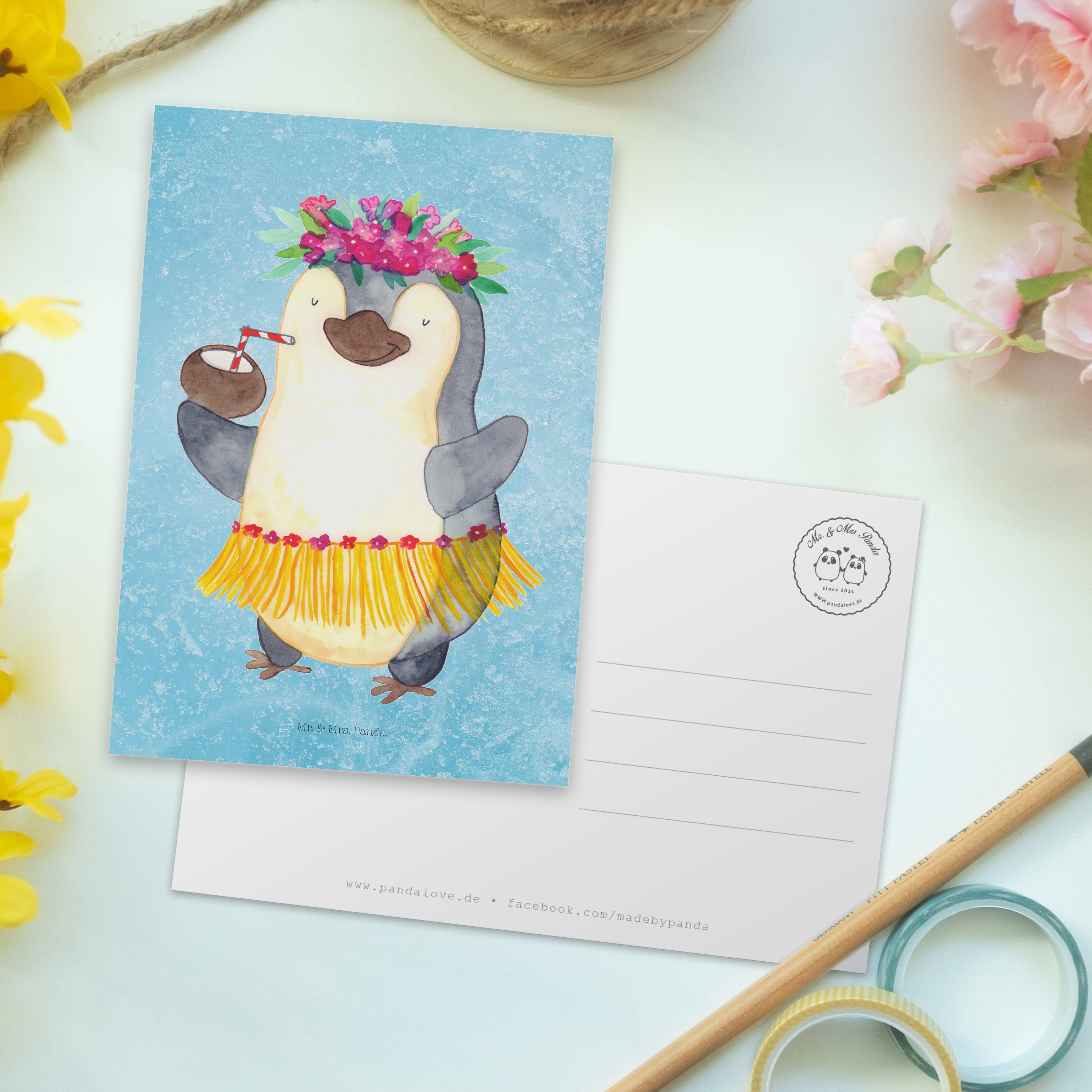 Geburtstagskarte, Eisblau - Urlaub, Ein Mr. & Geschenk, Mrs. Pinguin Panda Kokosnuss Postkarte -