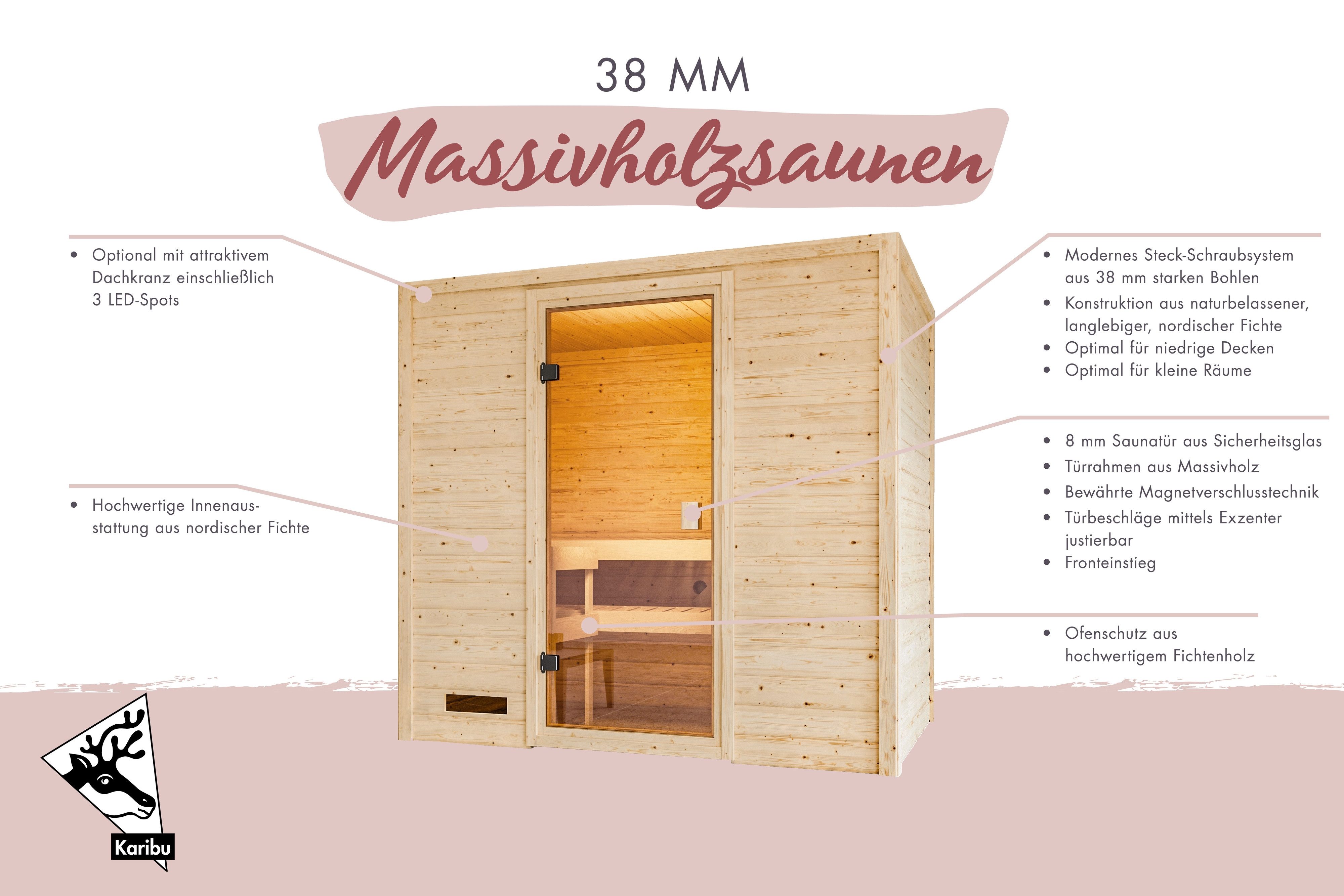 Karibu Sauna Innensauna Dorika inkl. Saunaofen 3,6kW integr. Steuerung – Bild 4 von 5