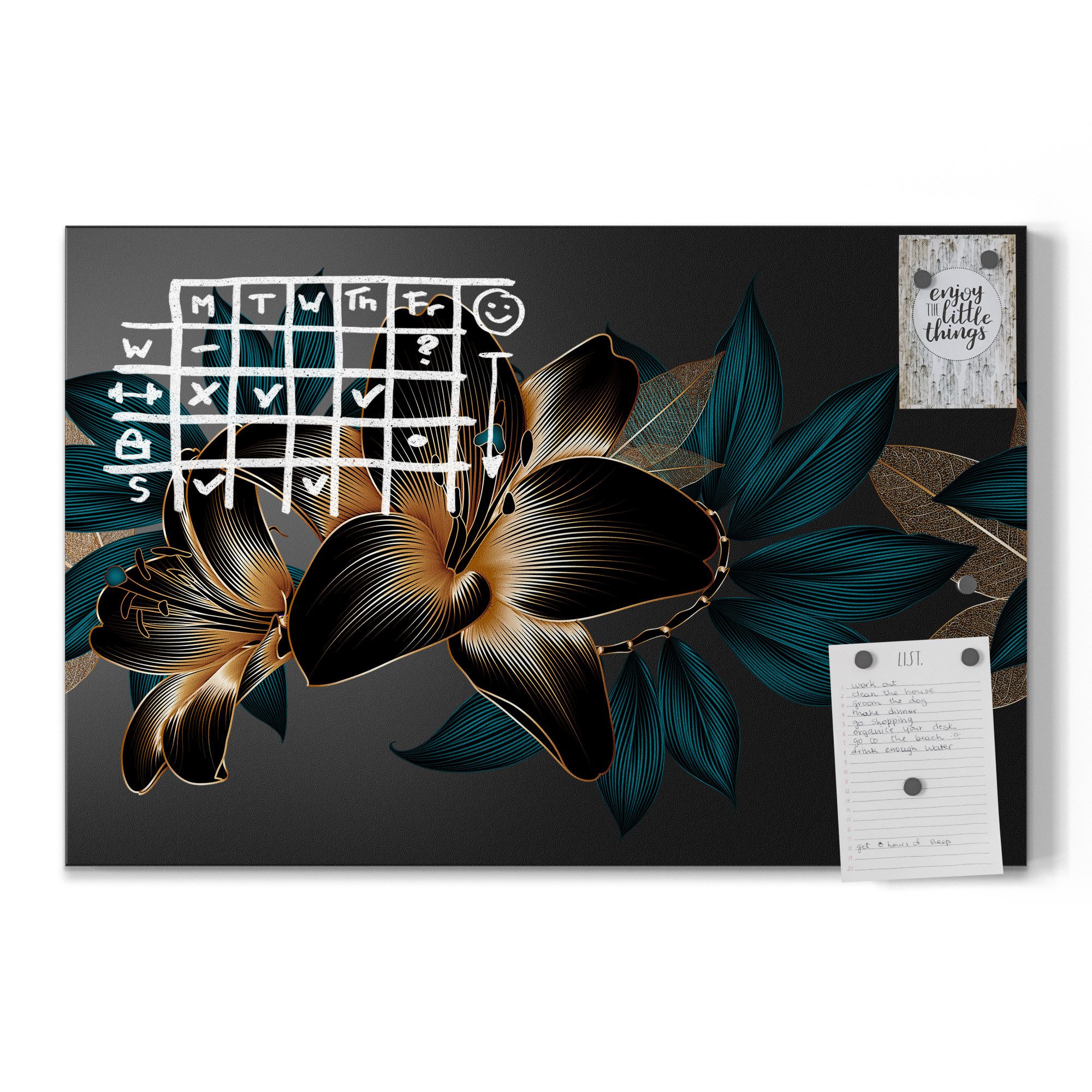 DEQORI Wandtafel 'Hochwertige Liliengrafik', (1-tlg), Metall Kreidetafel bedruckt Schreibtafel modern Schiefertafel Tafel