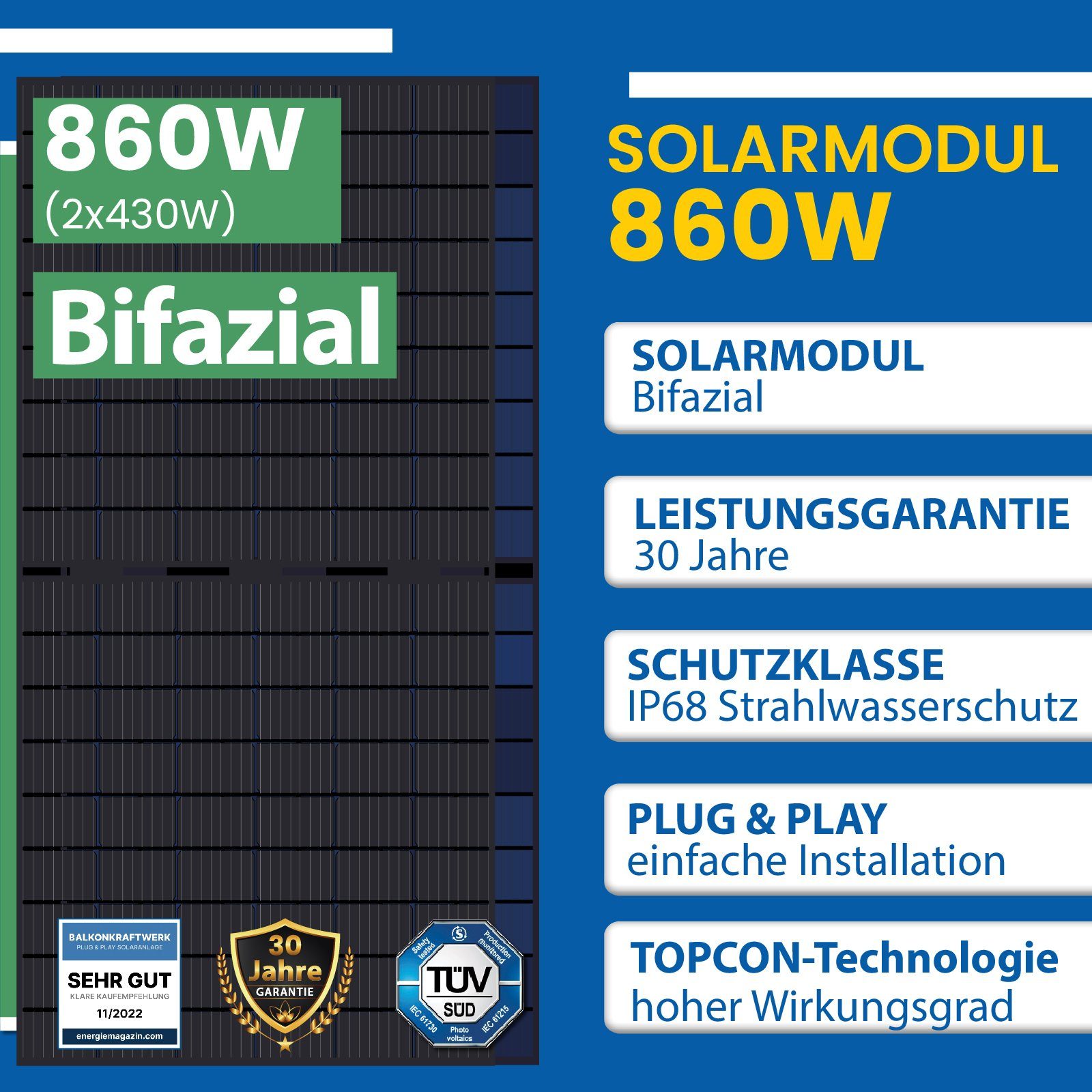 Bifaziale PV- Generation 800W Relais Süd Montage WIFI 860W Aufständerung Solaranlage mit EPP.Solar Neu Premium, Deye Wechselrichter Balkonkraftwerk