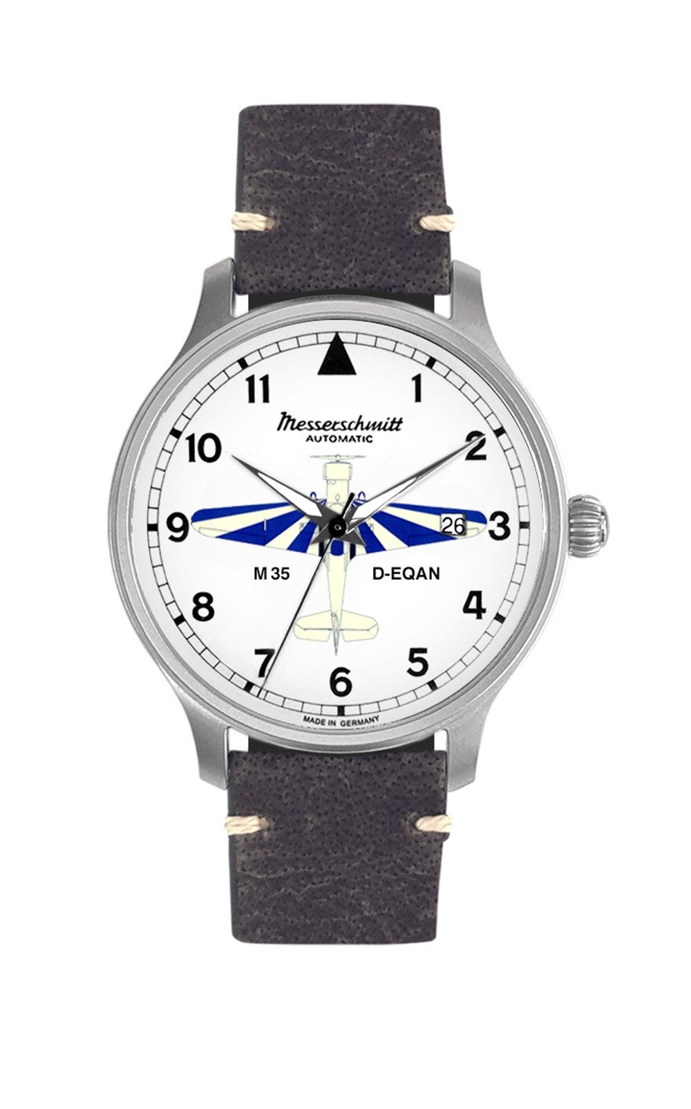 Messerschmitt Automatikuhr M-35W-A, Automatikherrenuhr - mit M35 Flugzeugabbildung - Grau/Weiß, für Liebhaber von Technikgeschichte und Accessoires - Made in Germany