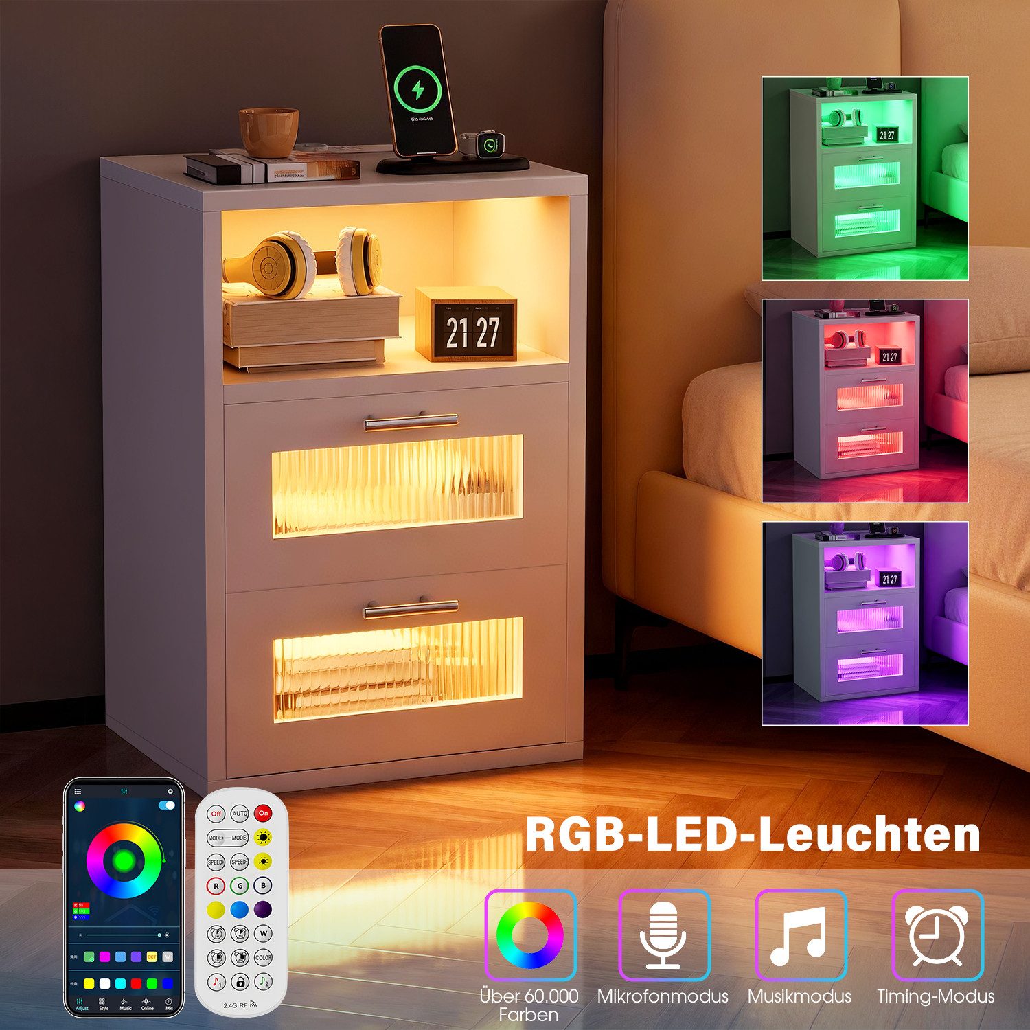 oyajia Nachtkommode Nachttisch mit einstellbarer LED-Beleuchtung, Steckdosen (1 St), Nachtschrank Beistelltisch mit 2 Schubladen und 1 offener Ablage