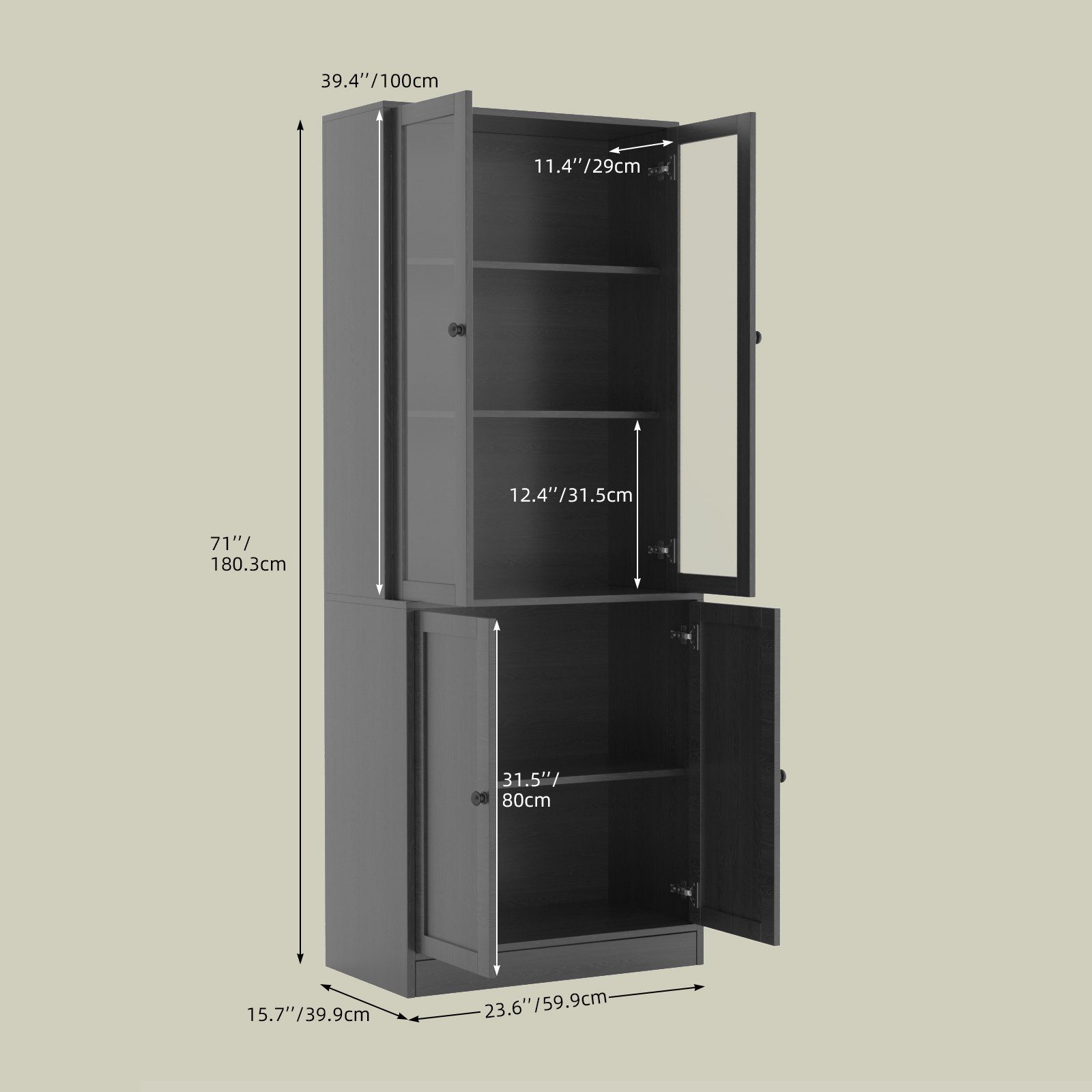 VOWNER Bücherregal 5-stöckiger Hochschrank mit Glastüren – 180 cm Vitrinenschrank, 1-tlg., Küchenhochschrank & Buffetschrank für Wohnzimmer, Esszimmer – Bild 2 von 5