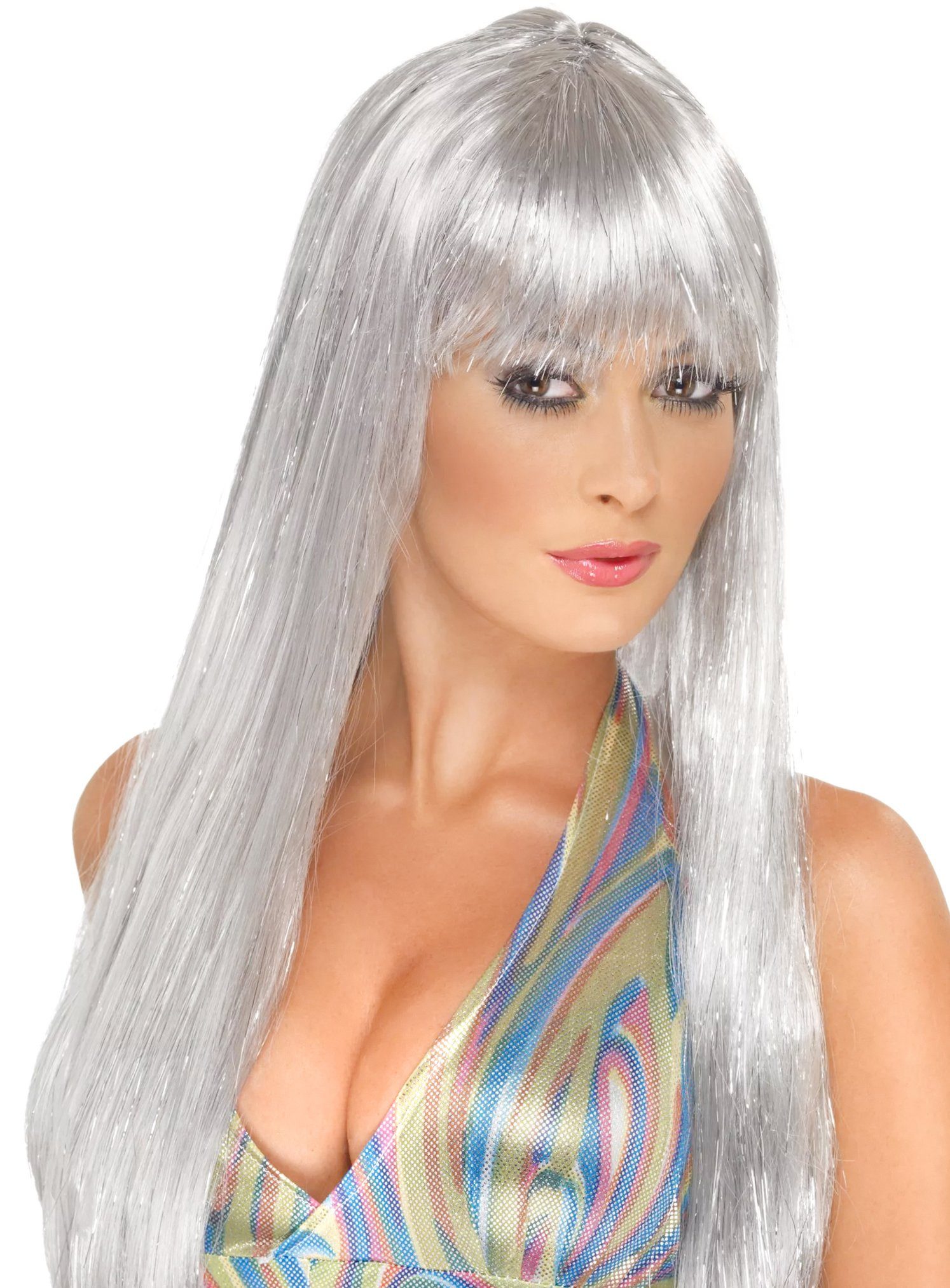 Smiffys Kostüm-Perücke Disco Glitter Kostüm Perücke silber Fasching Karne, 70s bis in die Haarspitzen!