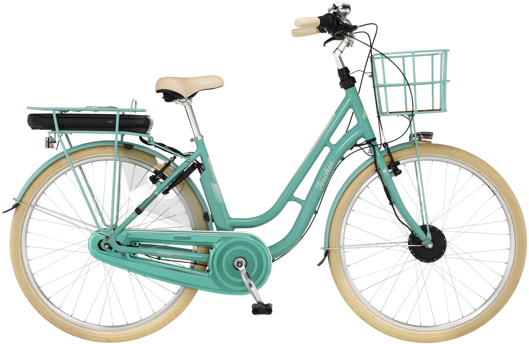 FISCHER Fahrrad E-Bike Cityrad CITA RETRO 3.0 522, 7 Gang Shimano Nexus Schaltwerk, Nabenschaltung, Frontmotor, 522 Wh, (mit Fahrradschloss und Vorderradkorb), Pedelec, Elektrofahrrad für Damen u. Herren