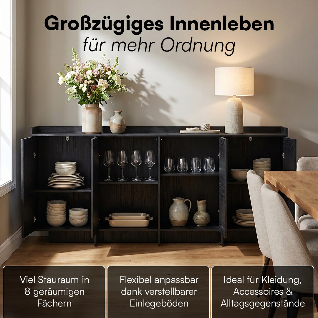 skølm Kommode Meili in Holzoptik mit 4 Push-to-Open Türen, Siedeboard mit 8 Fächern & höhenverstellbaren Füßen