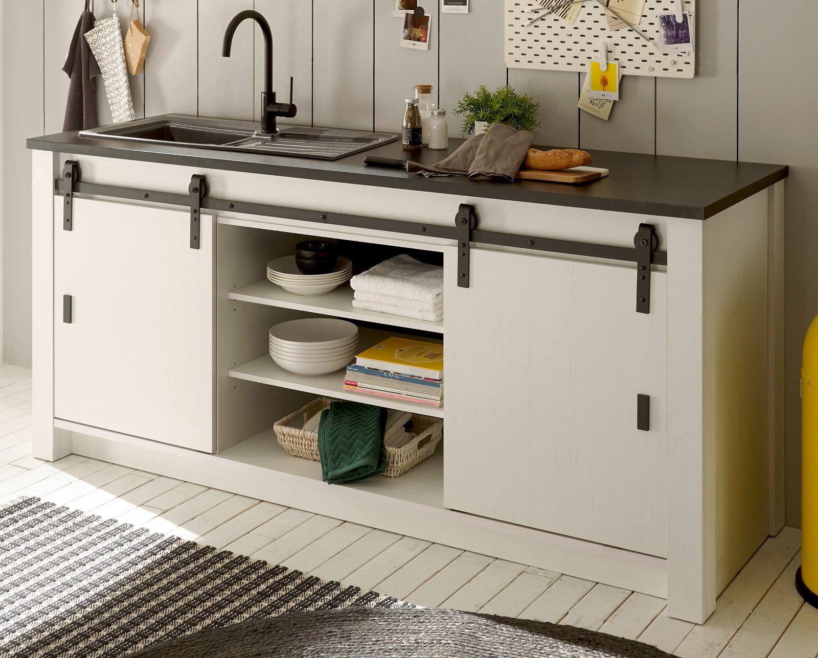 Furn.Design Spülenunterschrank Stove (Küchenschrank in weiß Pinie Vintage, BxH ca.: 201 x 93 cm) für Spüle oder Ceranfeld