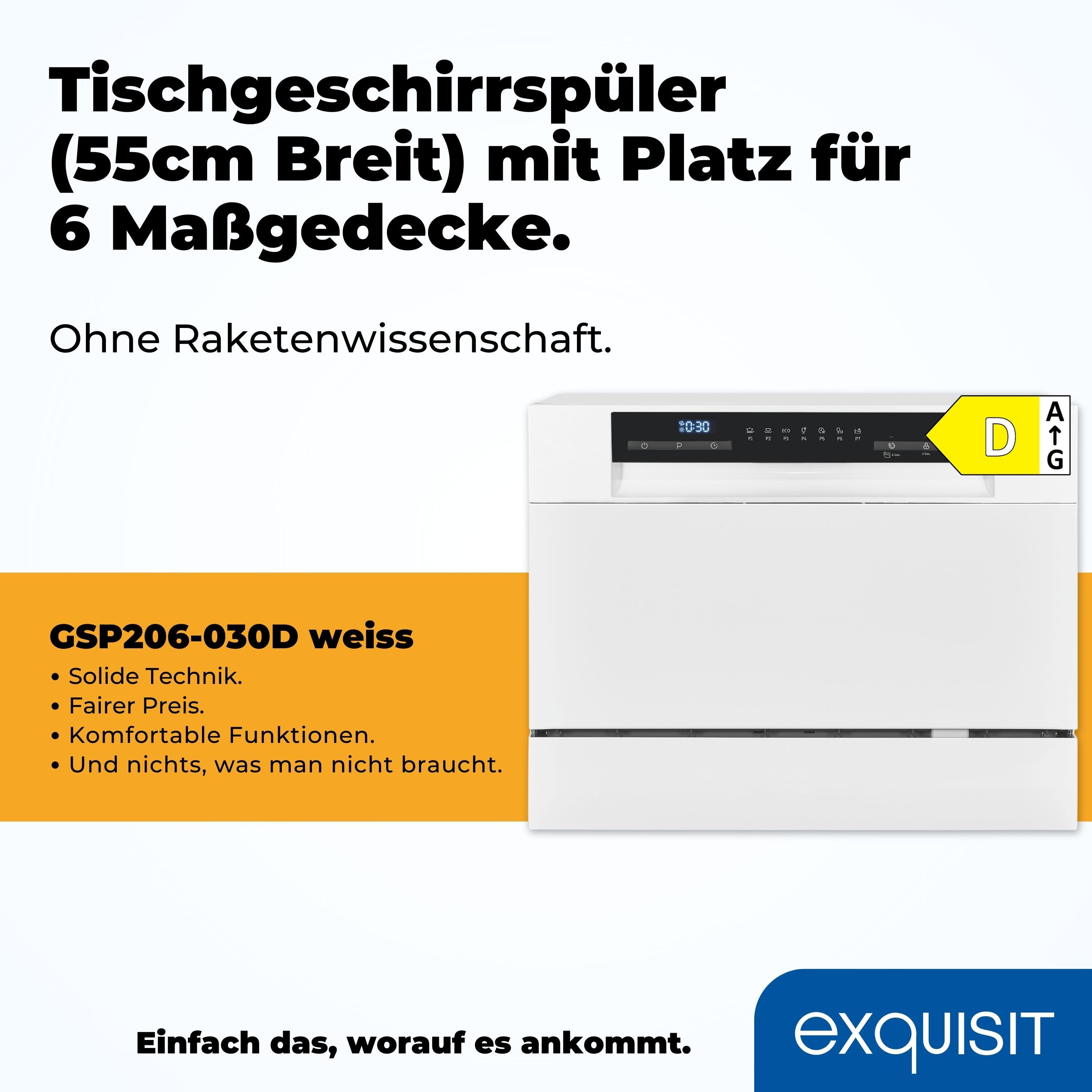 exquisit Tischgeschirrspüler GSP206-030D, 6 Maßgedecke, kompakt und Platzsparend, ideal für kleine Küchen