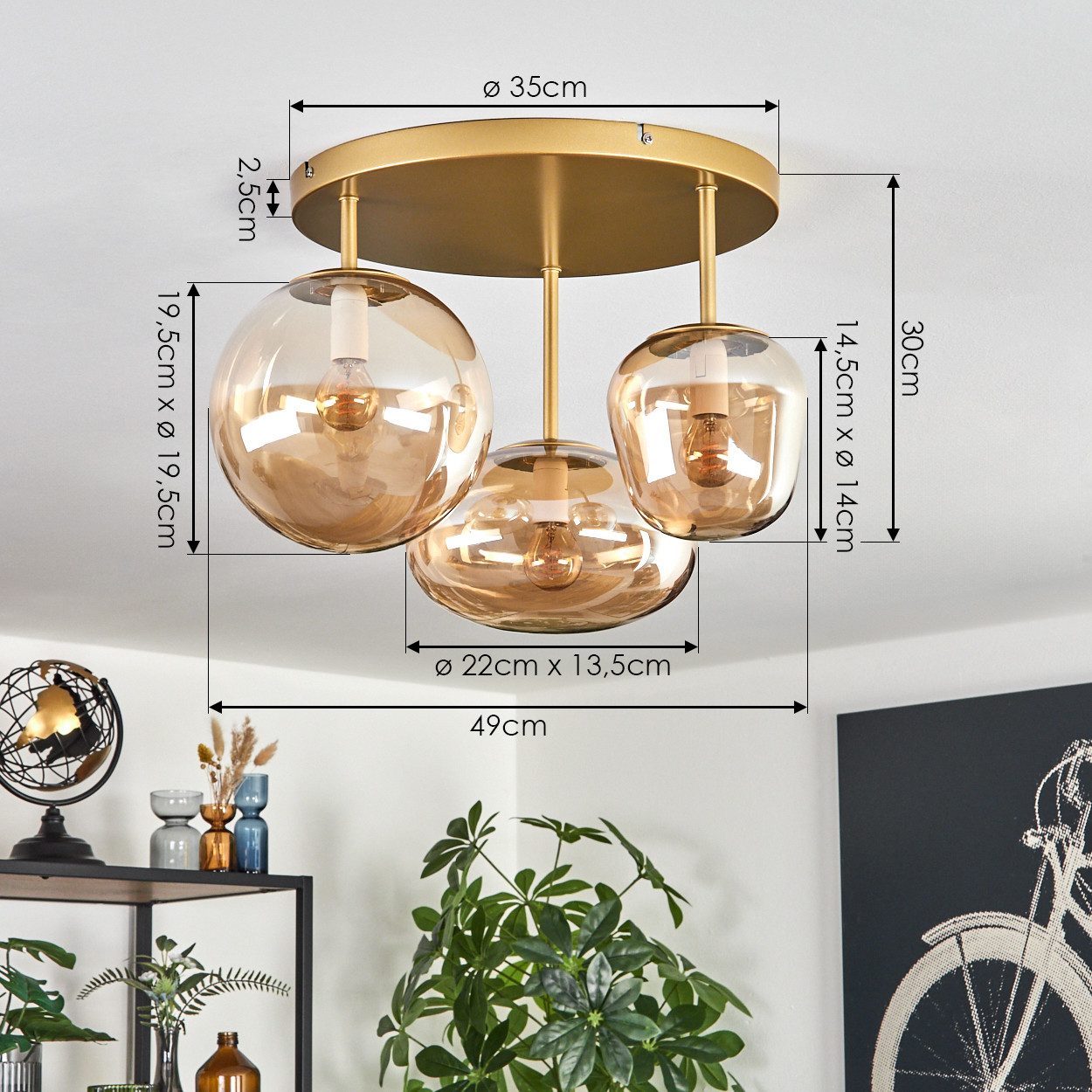 hofstein Deckenleuchte Deckenlampe aus Metall/Glas in Goldfarben, ohne Leuchtmittel, Glasschirme (19,5 cm, 22 cm, 14 cm), 3 x E14, ohne Leuchtmittel – Bild 4 von 5