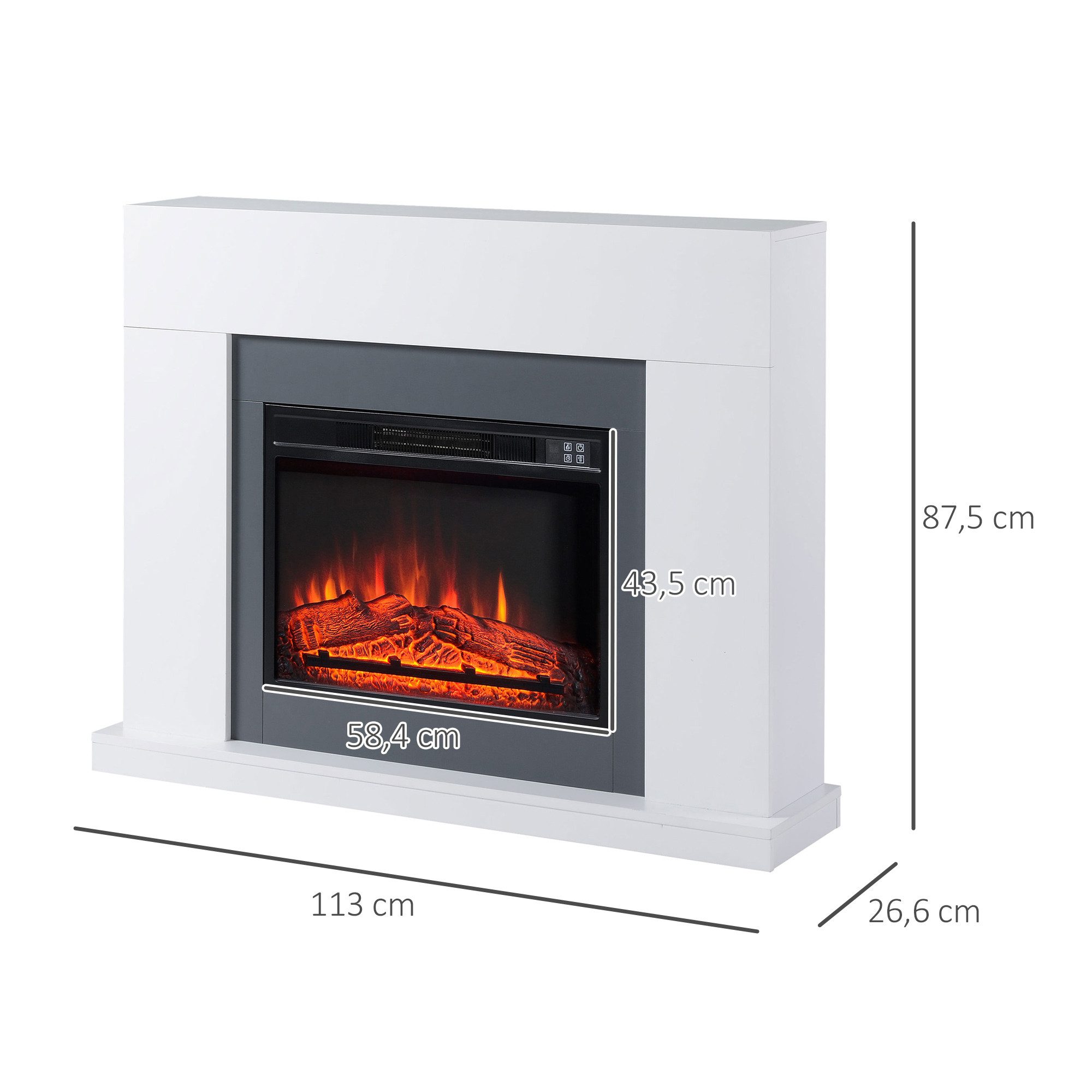 HOMCOM Elektrokamin Dekokamin mit Heizung, 3 Helligkeiten, Thermostat, Fernbedienung, LED Elektrokamin Standkamin mit Flammeneffekt 1800,2000W Weiß – Bild 3 von 5