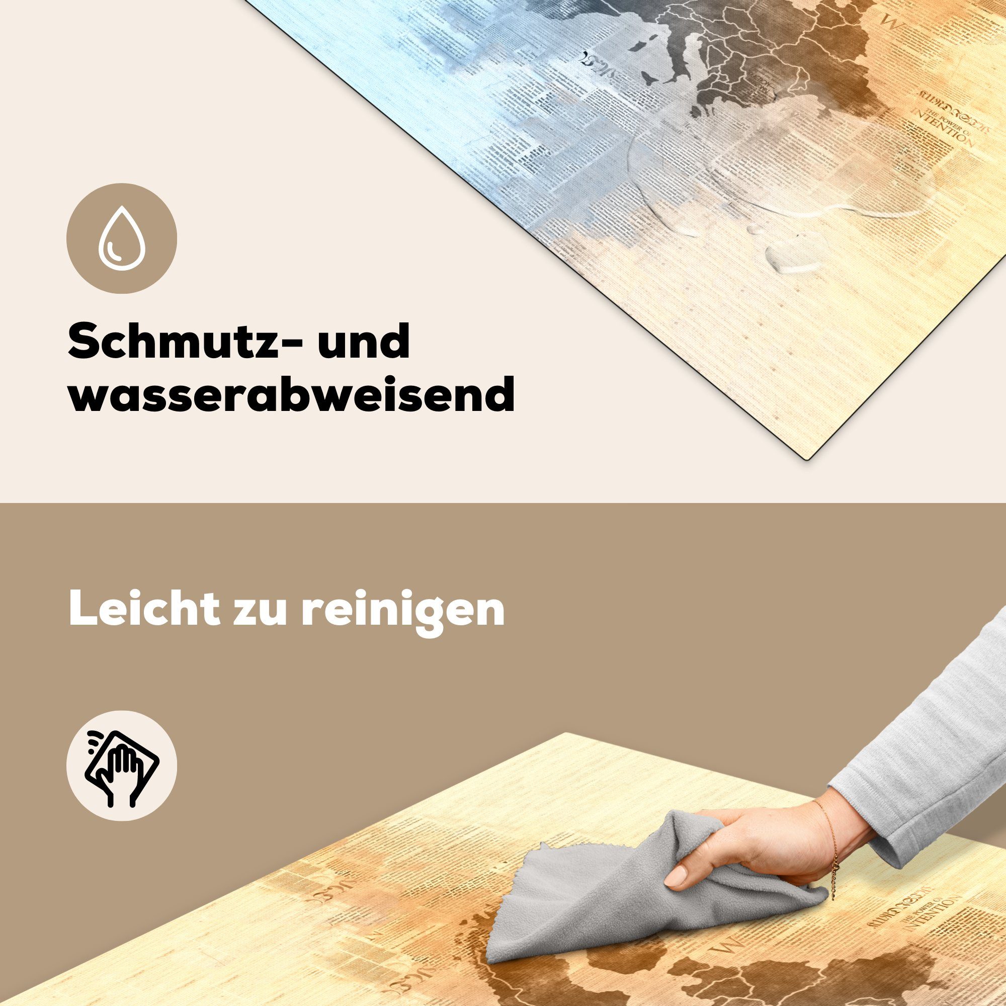 cm, Europa (1 - 78x78 MuchoWow Zeitung, tlg), Ceranfeldabdeckung, Aquarell für Vinyl, Karten Herdblende-/Abdeckplatte - Arbeitsplatte küche -