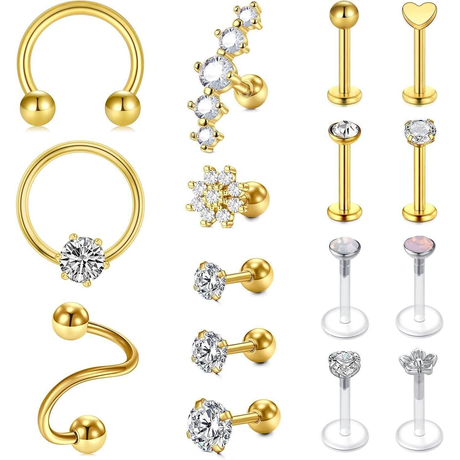 Piercing-Set Piercing Tragus Helix Labret Chirurgenstahl 16G 1.2*6 8mm-gold-16pcs