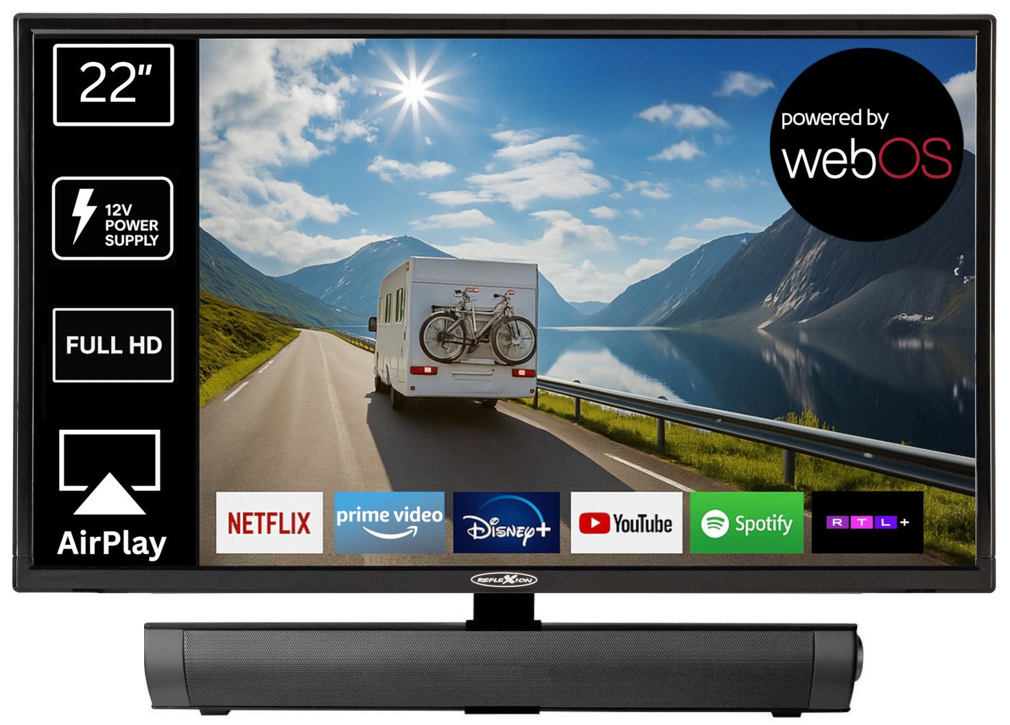 Reflexion LED22IBT LED-Fernseher (55,00 cm/22 Zoll, Full HD, powered by webOS Hub (LG), Smart-TV, DC IN 12 Volt, Netzteil 230 Volt, DVB-T2HD/S2/C, Bluetooth, WLAN)