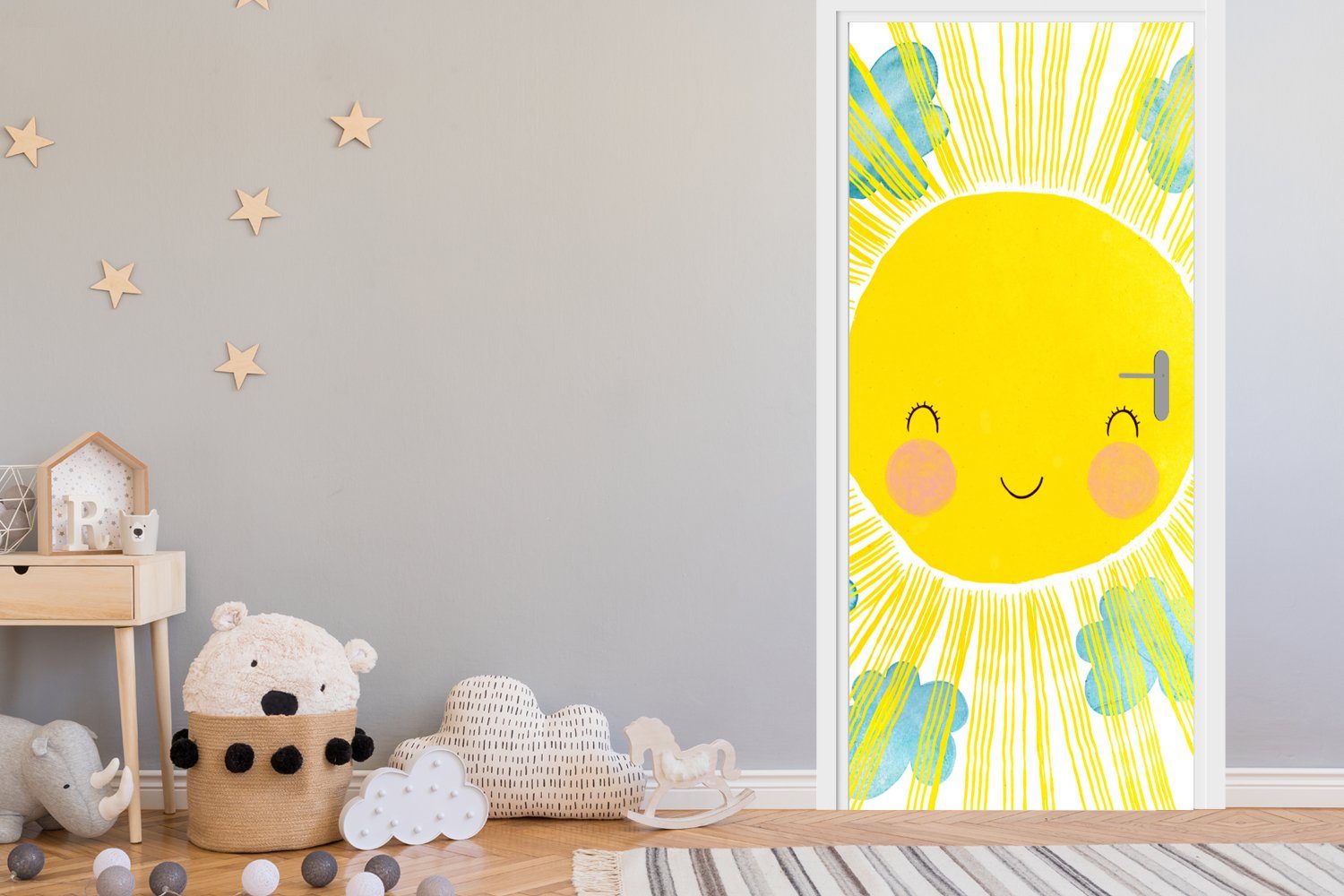 MuchoWow Türtapete Sonne - Gelb Tür, - Fototapete - für 75x205 Matt, St), Türaufkleber, Kinder Illustration, bedruckt, (1 cm
