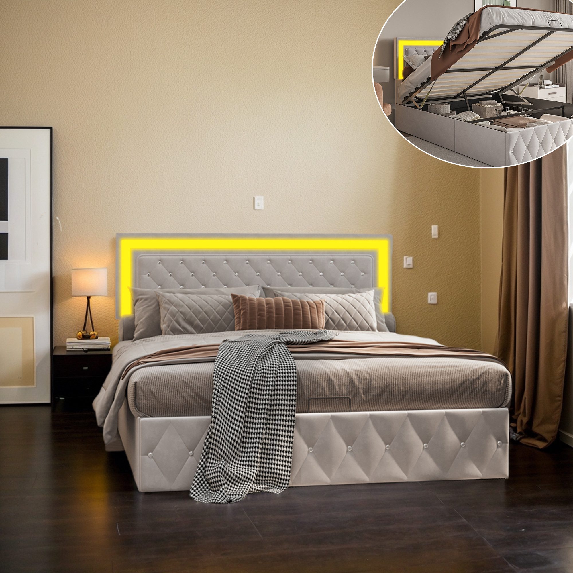 Gdood Polsterbett Stauraumbett Doppelbett LED, Samtstoff (Ausgestattet mit hydraulischem Bettkasten), Chesterfield Steppung, Mit LED-Beleuchtung, Bettkasten, 140x200 cm