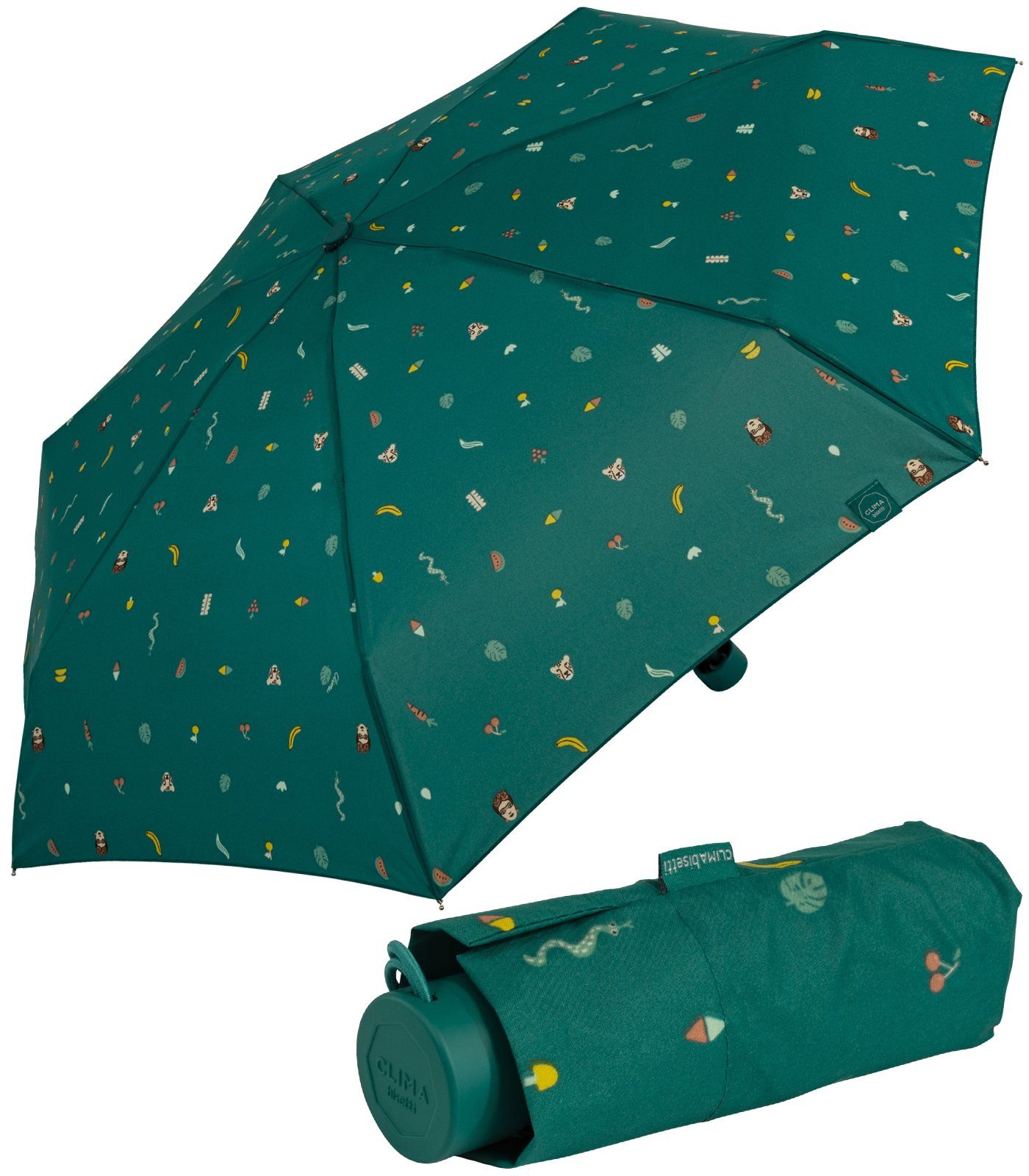 Taschenregenschirm farbenfroh Handöffner, stabil, mit Damen-Regenschirm, klein, - mit türkis bisetti kompakt, Tropen-Dschungel-Motiven