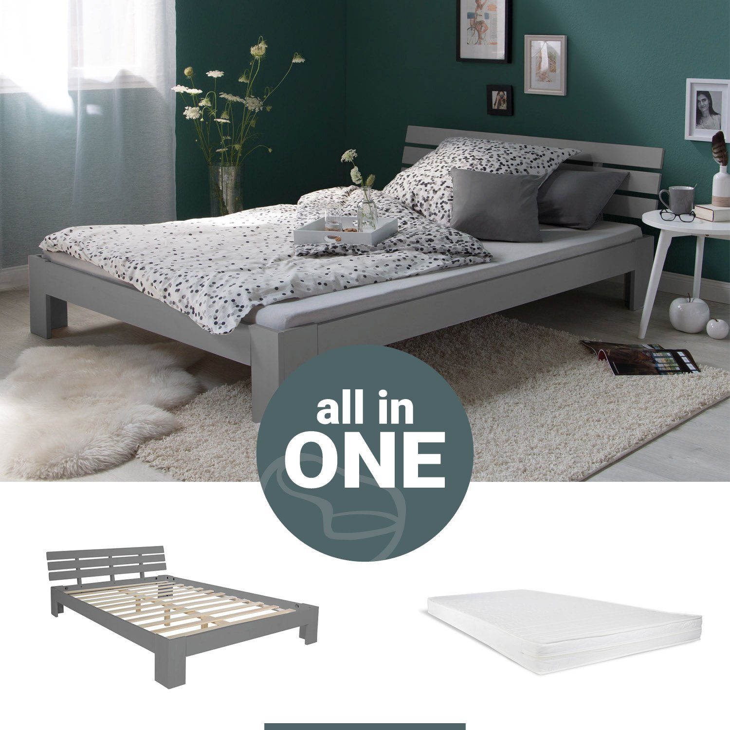 Homestyle4u Holzbett 120x200 Doppelbett Bett Grau mit Kopfteil Holz massiv (Set, mit Lattenrost und Matratze), Kiefer