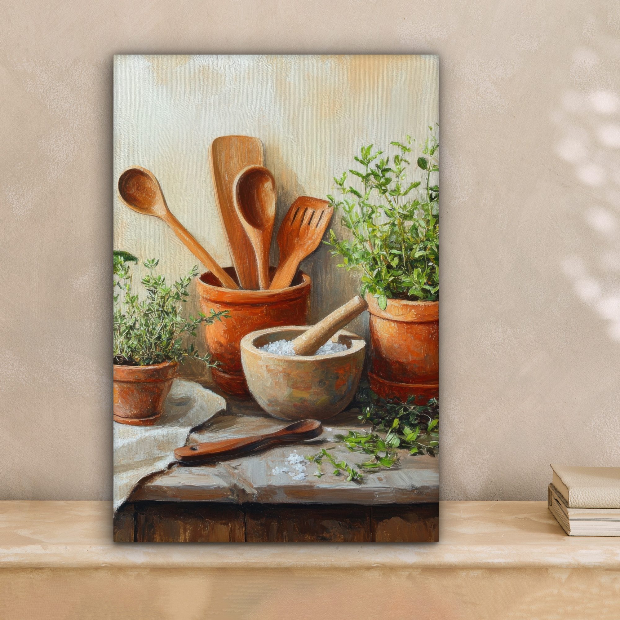 OneMillionCanvasses® Leinwandbild Töpfe - Kräuter - Holz, Fotodruck (1 St), günstig online kaufen
