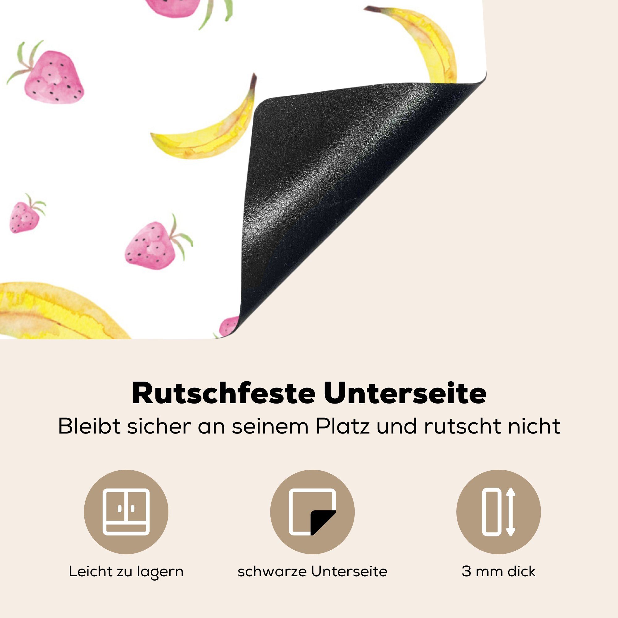 Arbeitsplatte für tlg), küche (1 Banane Ceranfeldabdeckung, Vinyl, 78x78 Herdblende-/Abdeckplatte - MuchoWow Weiß - Design, cm, Erdbeere -