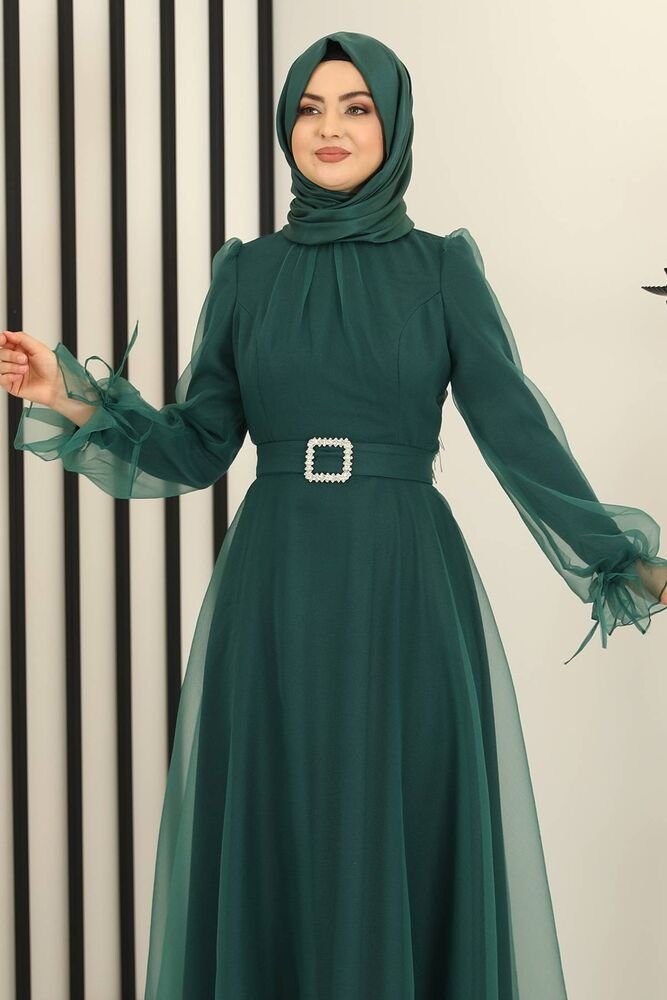Abiye Abendkleid Gürtel langärmliges Abaya Mode Hijab Grün Kleid mit Maxikleid Modavitrini Damen