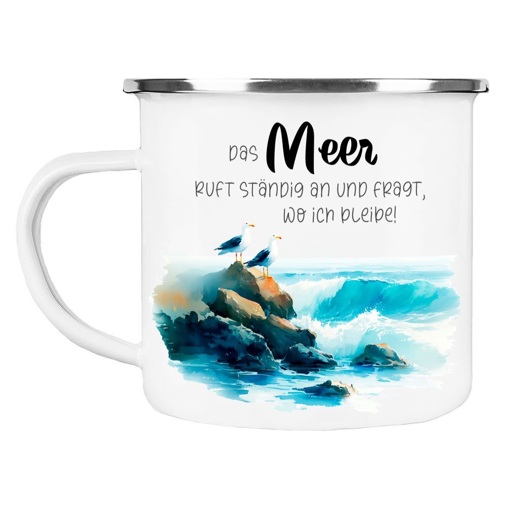 Cadouri Tasse DAS MEER RUFT Camping Emaille Tasse, Campingtasse, Metall, Campingbecher, Kaffeetasse für Camper, handgefertigt, Geschenk, 300 ml