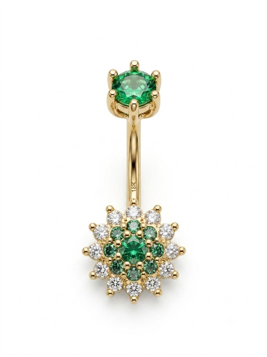 Karisma Schmuck Bauchnabelpiercing Edelstahl 18 Karat vergoldet – Bananabell mit grünem Zirkonia-, Kristall in Blumen-Optik