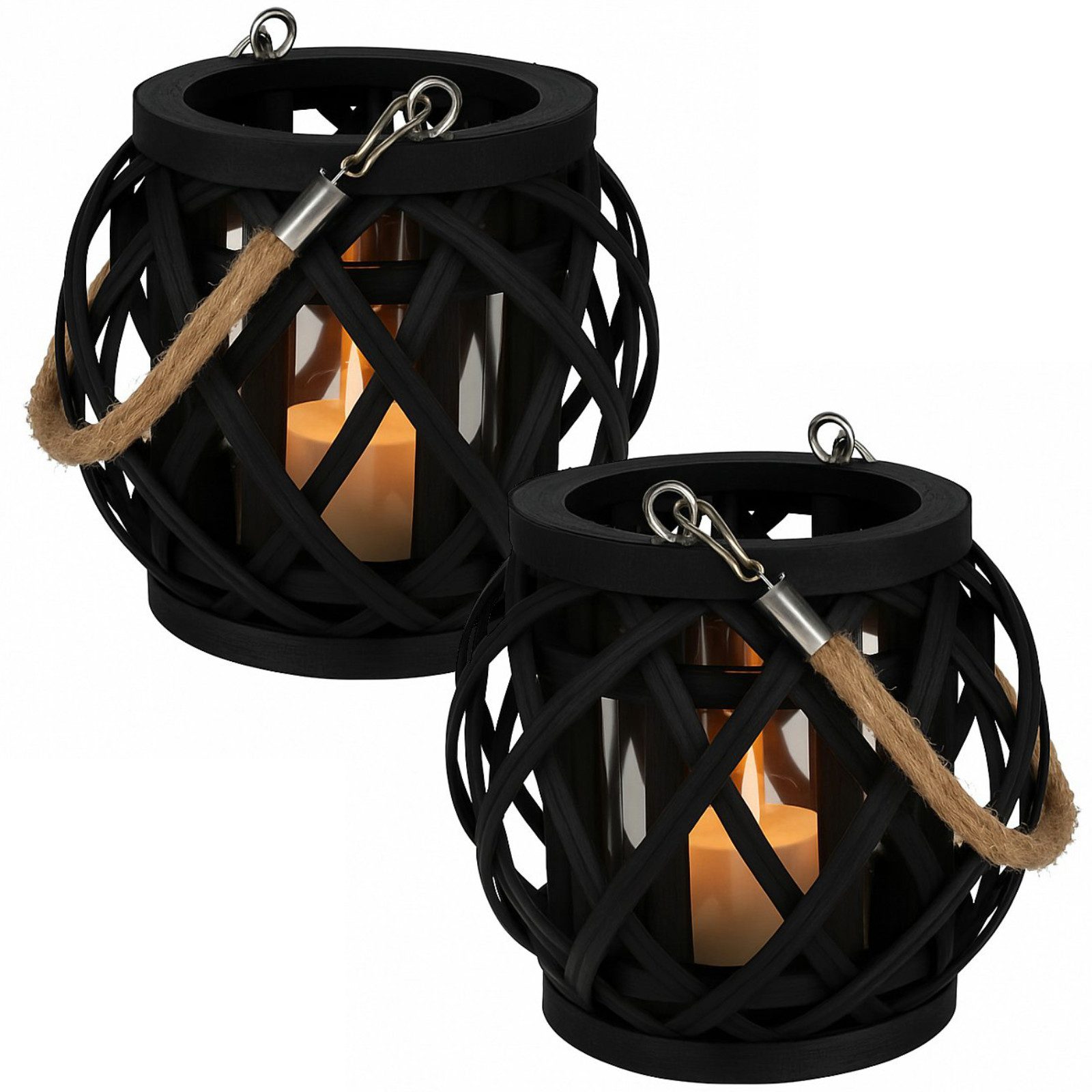 Koopman Windlicht Laterne Ø 14,5 cm × H 14 cm Schwarz 2 er Set (Set, 2 St., Packung), 2 Stk, Glaseinsatz Ø 8cm, Bambus, Schwarz, Boho-Style