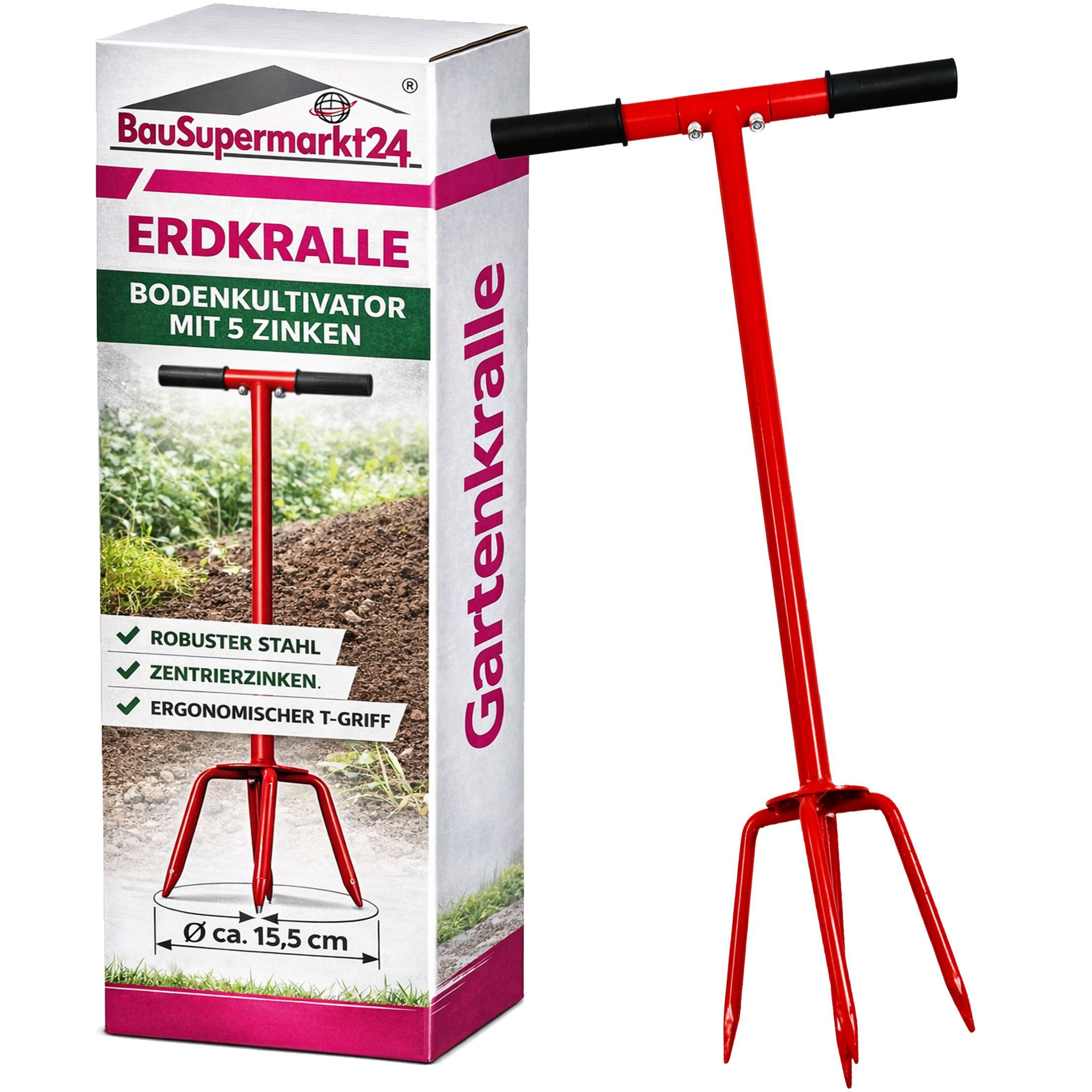BauSupermarkt24 Garten-Multifunktionsgerät Erdkralle Stahl 5 Zinken Gartenkralle 93 cm Bodenkultivator Kultivator