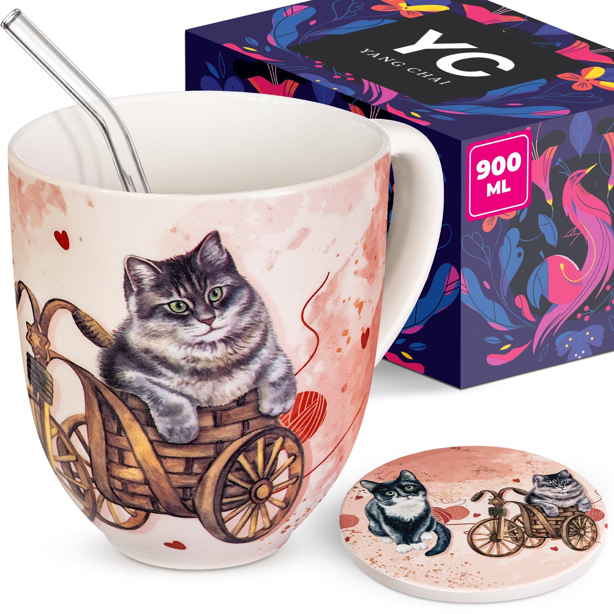 900ml Fassungsvermögen, Tasse 4-teiliges Jumbotasse XXL Yang Porzellan, Motiv hochwertiges mit Teetasse, Teeset Chai Große mit Katzen