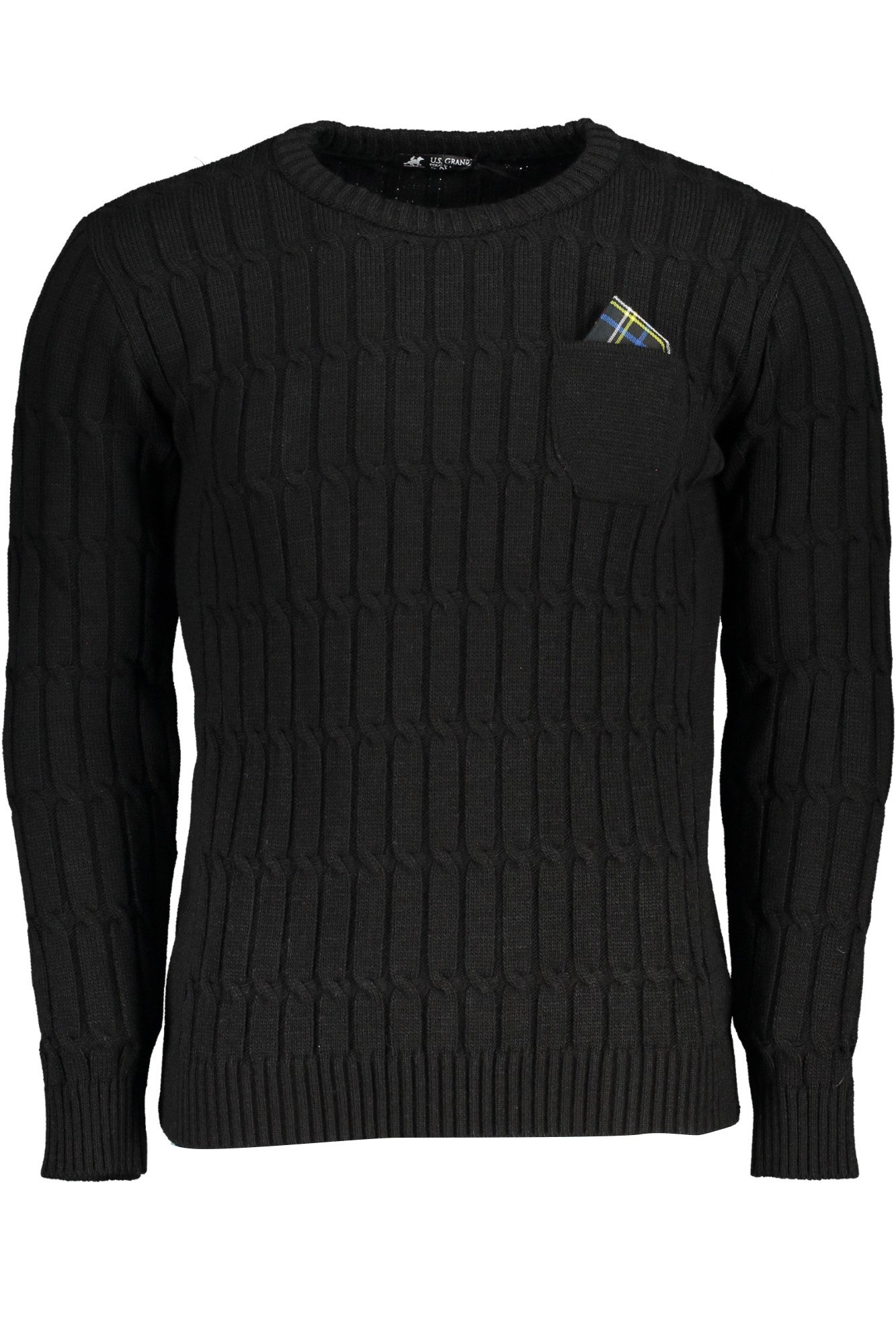 U.S. GRAND POLO Strickpullover Herren Langarm-Pullover Schwarz mit Zopfmuster und Kontrastdetails