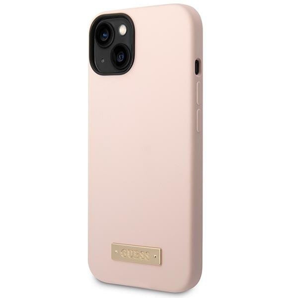 Guess Handyhülle Guess Apple iPhone 14 Plus Hard Case Silicone Logo Plate MagSafe Cover Schutzhülle Rosa