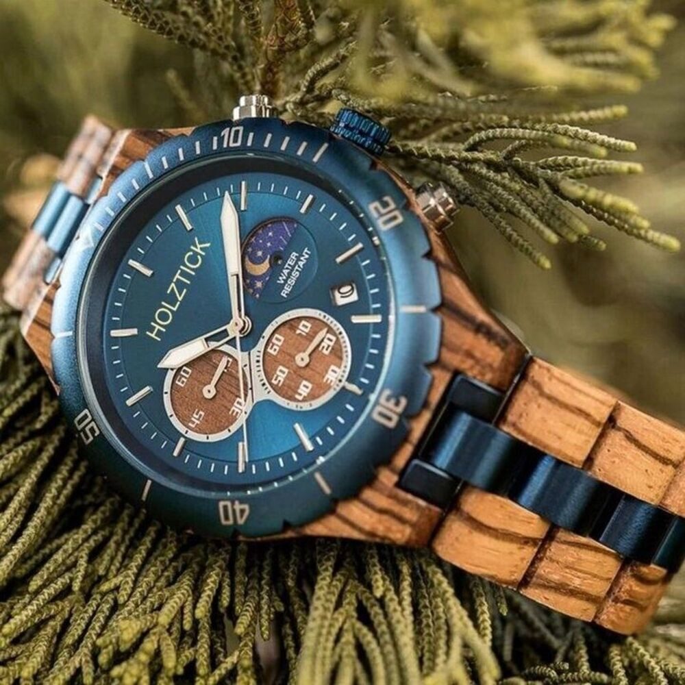 Holztick Bavaria Chronograph Enzian, schöne Herrenuhr aus Zebranoholz gefertigt