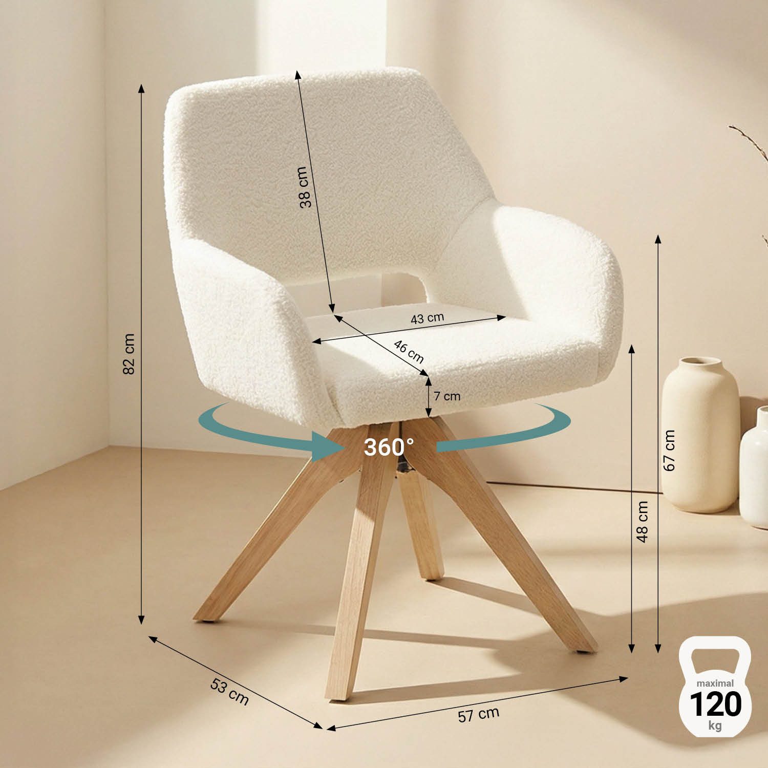 Homestyle4u Armlehnstuhl Esstisch Polsterstuhl Weiß drehbar Teddy-Stoff Esszimmer Küche Büro (1 St), drehbar, Teddystoff/Teddyplüsch, Holfüße, Essstuhl