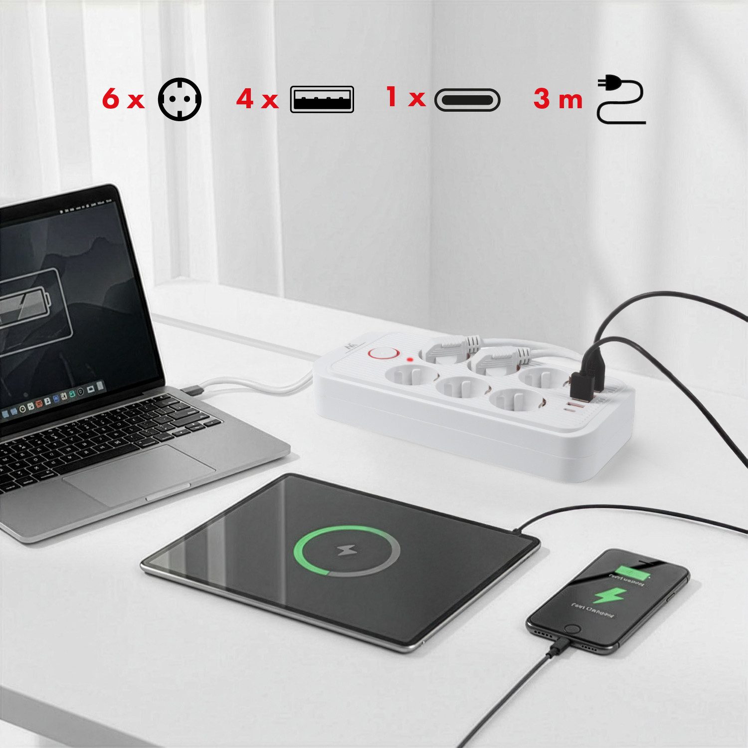 Maclean Steckdosenleiste 6 Steckdosen 2500W 4xUSB Mehrfachsteckdose 6-fach (Ein-/Ausschalter, Kabellänge 3 m), 110-240V AC 50/60Hz, 2,1A max 2500W