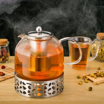 Teekanne, Glas 1,5 L mit Stövchen Set herausnehmbarer Siebeinsatz Edelstahl spülmaschinengeeignet Teebereiter Glaskanne