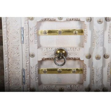 Casa Moro Kommode Orientalische Kommode Jayanna 90x40x90 cm (B/T/H) in weiß Gold (mit handgeschnitzter Holz Front, Boheme Stil Anrichte), Vintage Sideboard aus Massivholz Holzkommode