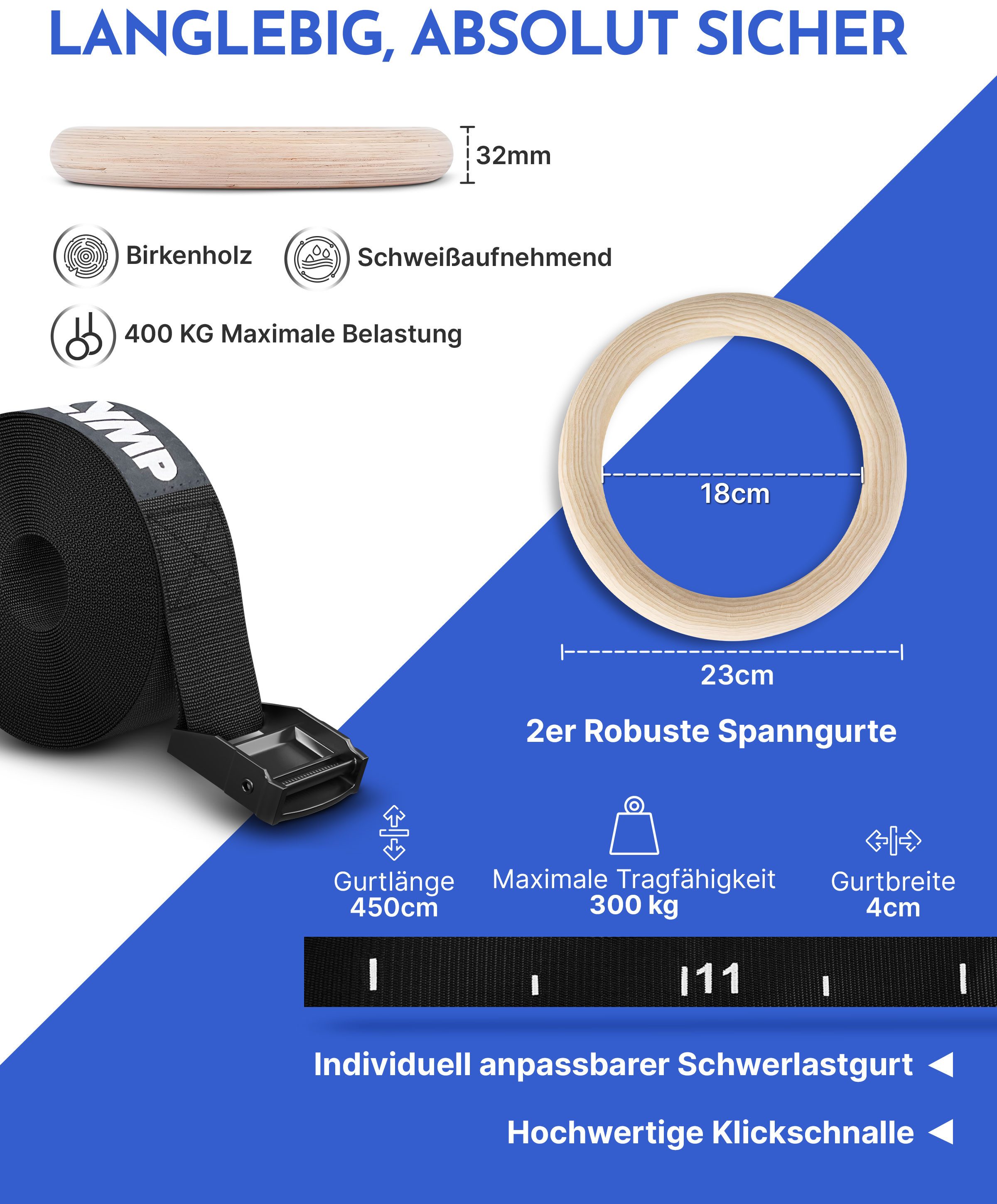 NEOLYMP Turnring NEOLYMP Turnringe Outdoor – Gymnastikringe – Absorbiert Schweiß (Turngeräte für Zuhause & Outdoor Training - Calisthenics Ringe, Gymringe Outdoor, Schnellgurtverschlüsse, Tragetasche), Optimaler Grip & Haltbarkeit - Turnringe geschliffen -400kg belastbar