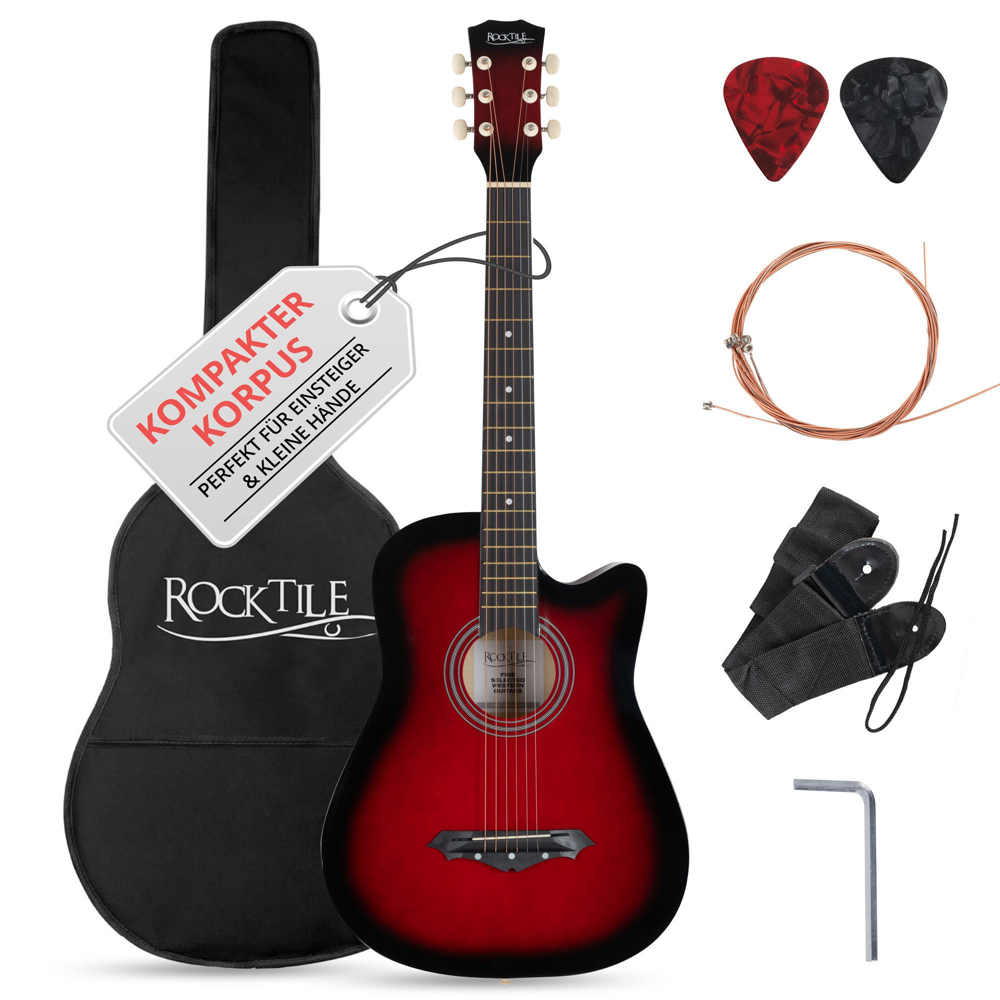 Rocktile Westerngitarre WSD-5C Slim Line Akustikgitarre Set - Dreadnought Akustik Gitarre, Set inkl. Tasche, Ersatzsaiten, Gurt und Plektren