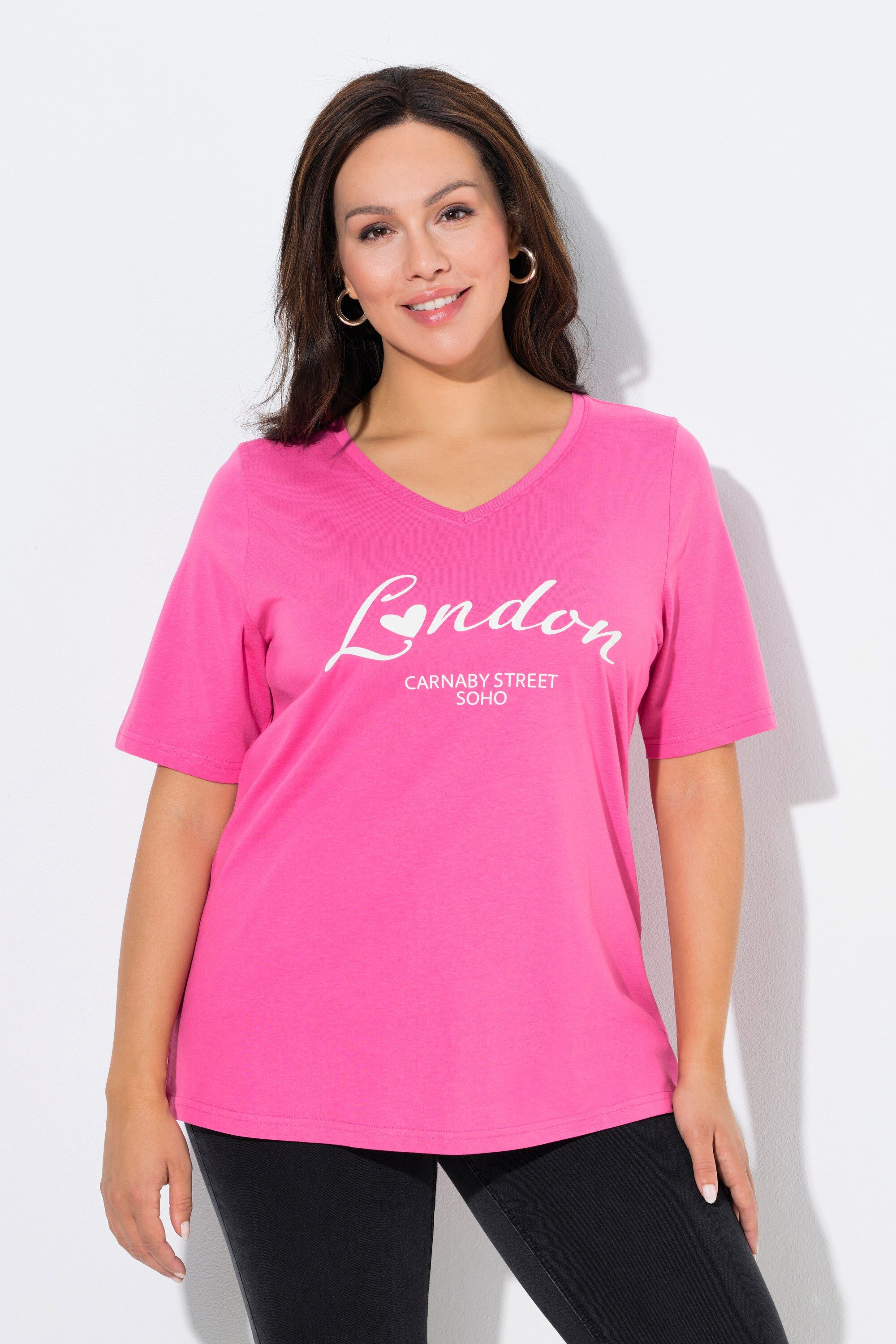 Ulla Popken T-Shirt T-Shirt City-Schriftzug Slim V-Ausschnitt Halbarm günstig online kaufen