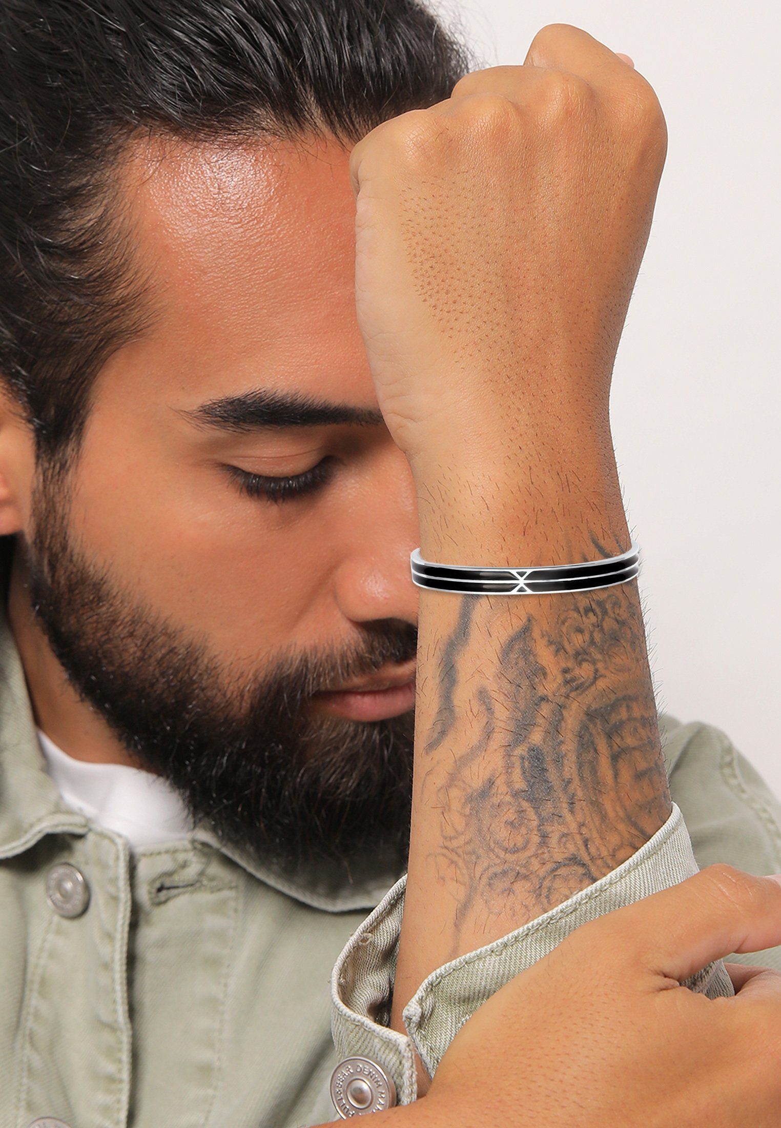 Kuzzoi Armreif Herren Armreif Emaille Schwarz Offen 925 Silber (kein Set)