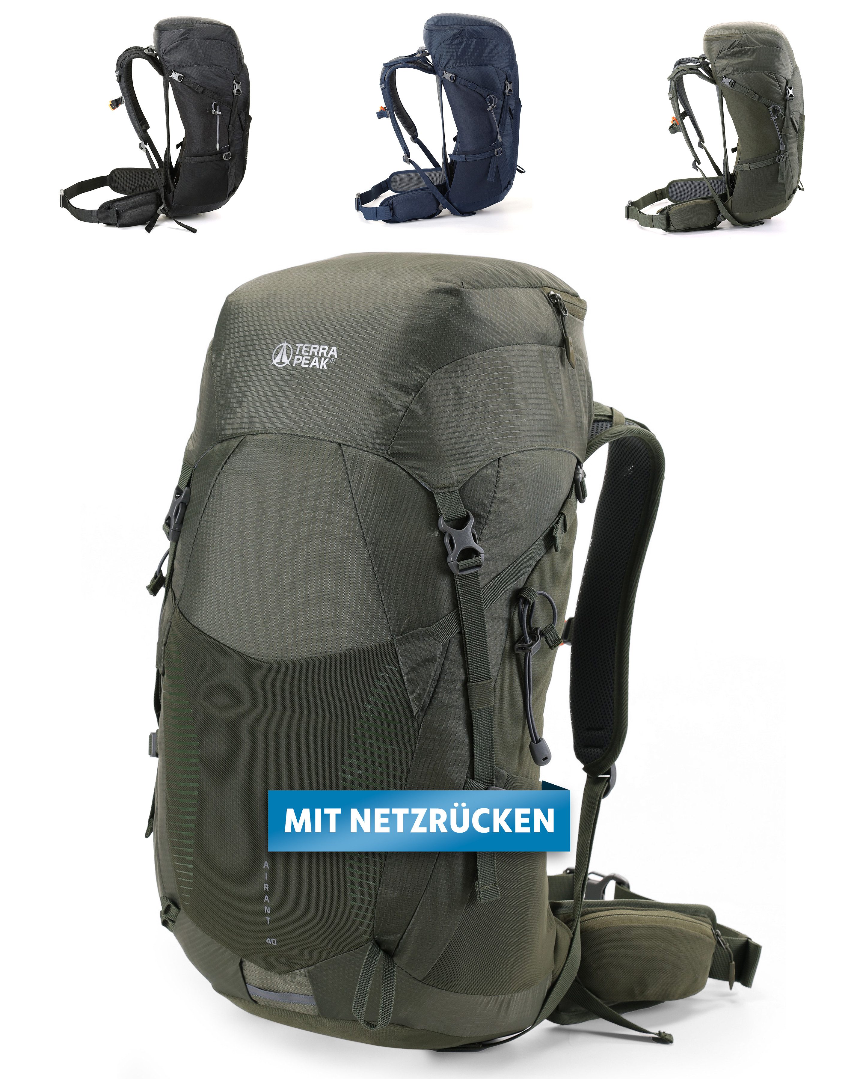 Terra Peak Wanderrucksack Airant 40, Rucksack mit belüftetem Netzrücken groß, 40 Liter