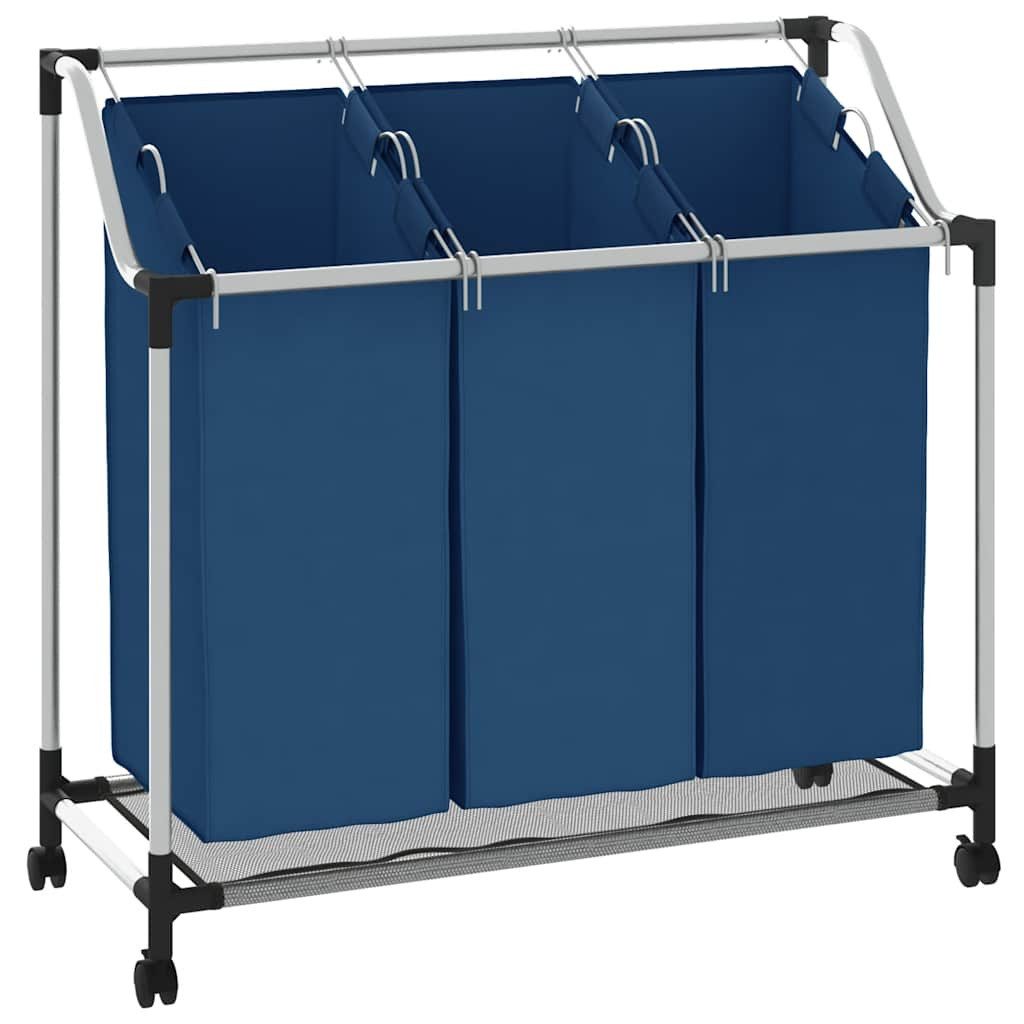 vidaXL Wäschekorb Wäschesortierer mit 3 Taschen Blau Stahl (1 St)