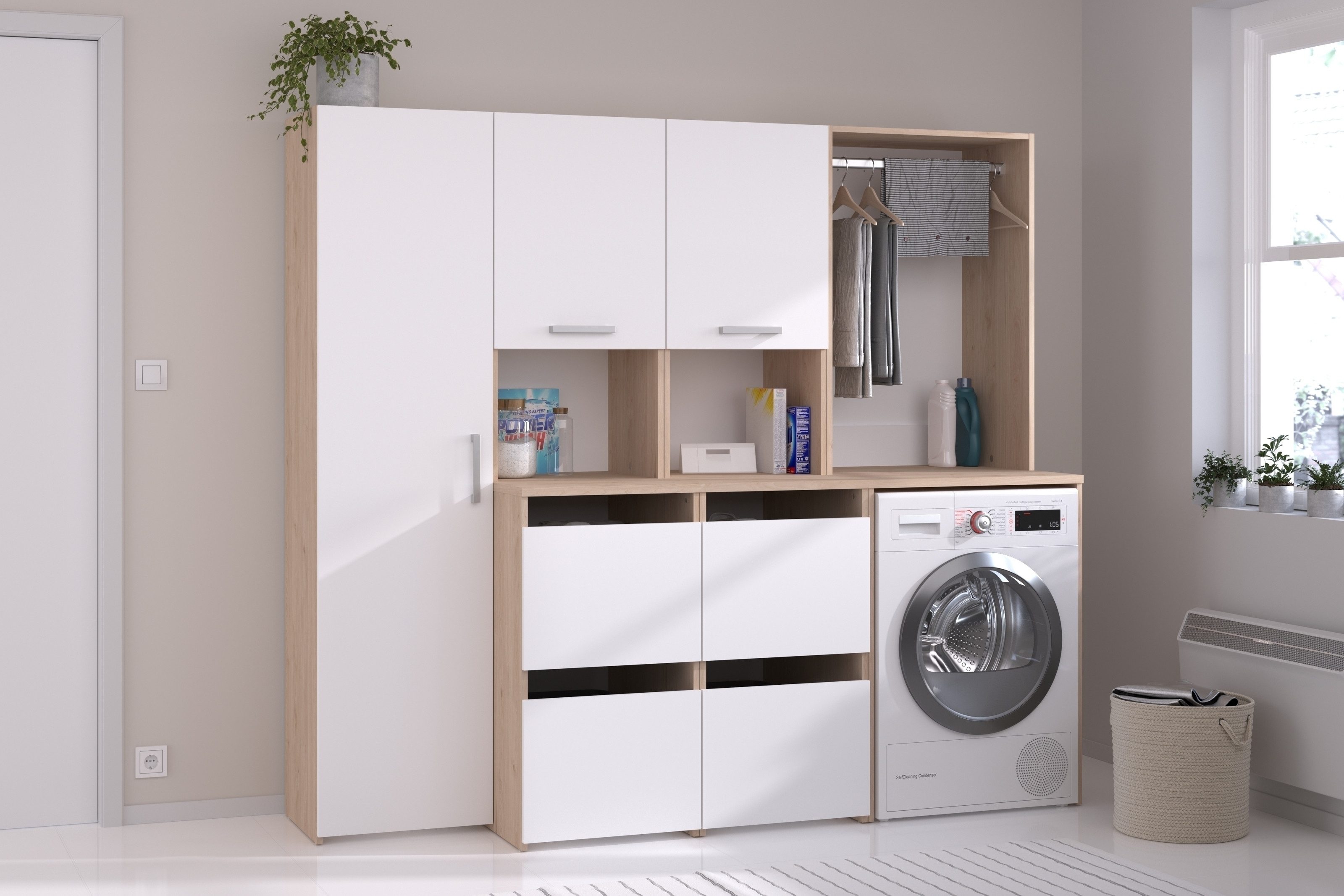 Parisot Mehrzweckschrank-Set Laundry 2, (3-teilig), (3-teilig) Eiche Dekor / Weiss - 204x184x67 (BxHxT)
