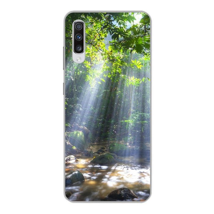 MuchoWow Handyhülle Sonnenstrahlen dringen durch die Bäume in den Regenwald von Malaysia Phone Case Handyhülle Samsung Galaxy A70 Silikon Schutzhülle
