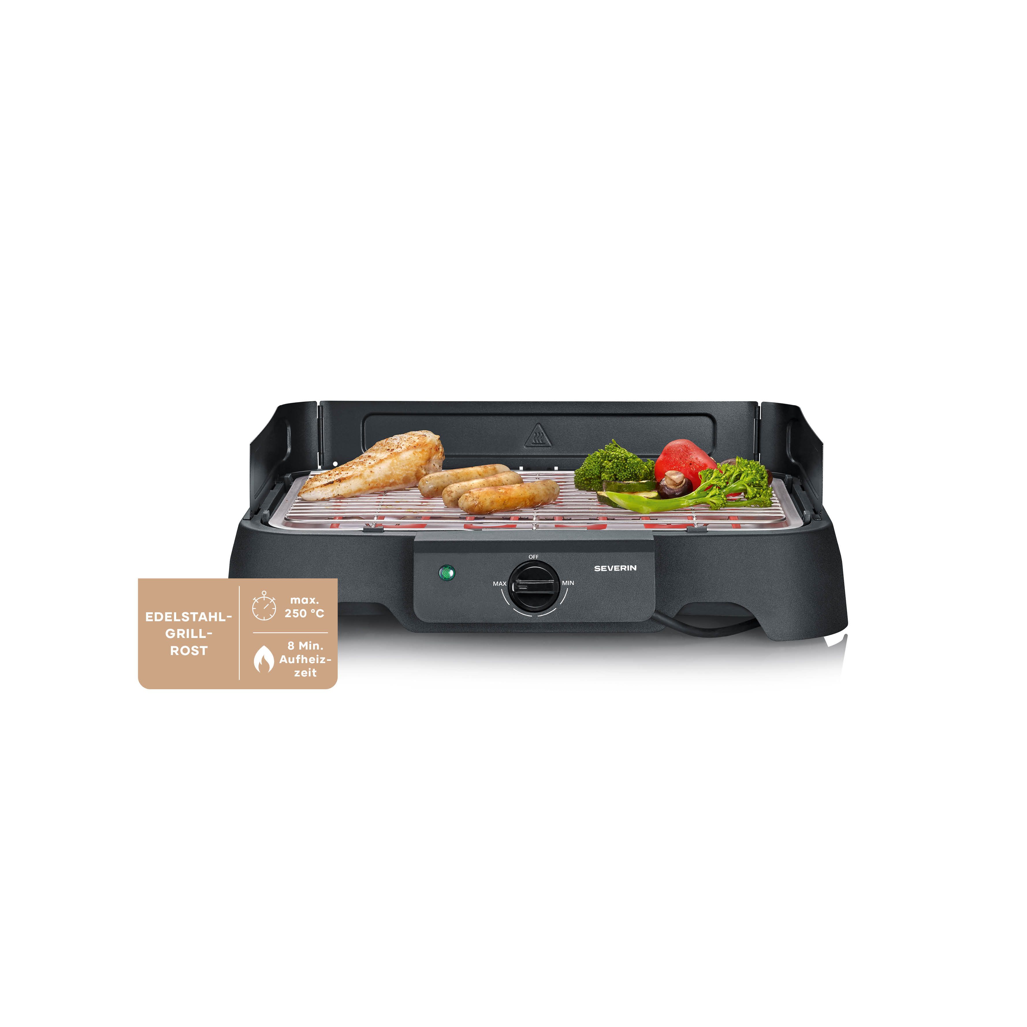 Severin Elektrogrill PG 8593, 2000 W, Edelstahl-Grillrost, Tischgrill 200°C, wenig Rauch, In-&Outdoor, 2000W