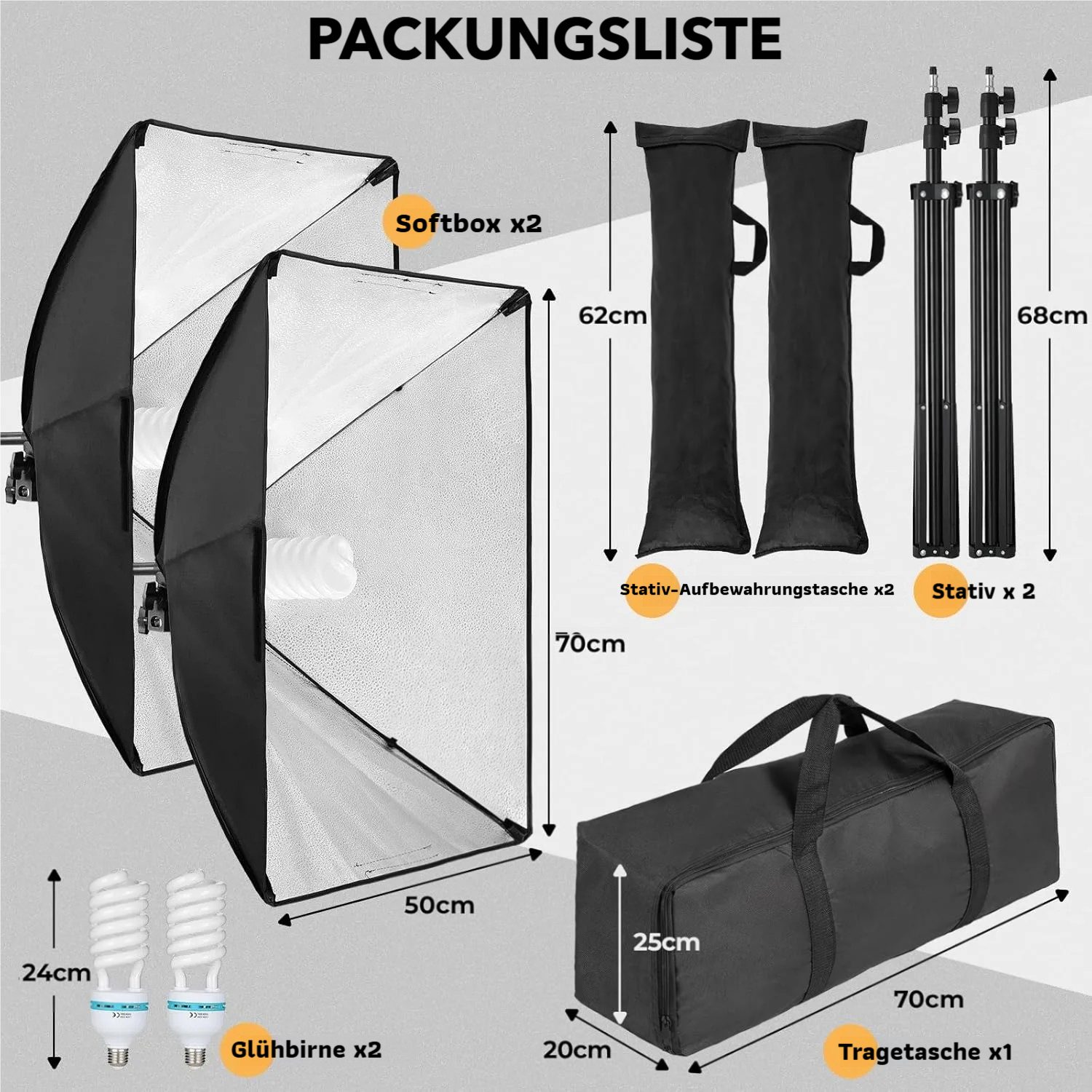 TLGREEN Softbox Set,Fotostudio 50cm x 70cm mit E27 Sockel 2 x 135W FotoLampe, Vollverstellbare lichtstativ für Studio Porträts, Fotografie